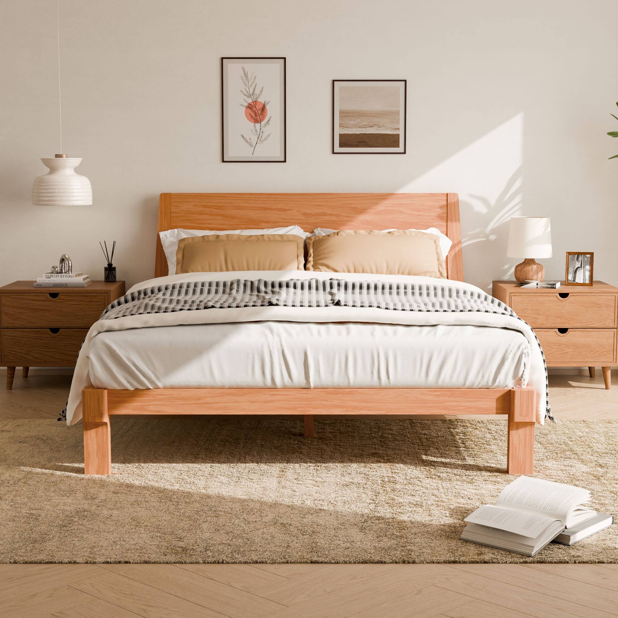 Left. FlexiSpot - Kana Japanese Joinery Solid Wood Platform Bed Frame with Headboard - Oak.