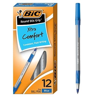 BIC - Round Stic Grip Xtra Comfort Ballpoint Pens, Fine Point, Dozen - Blue Ink