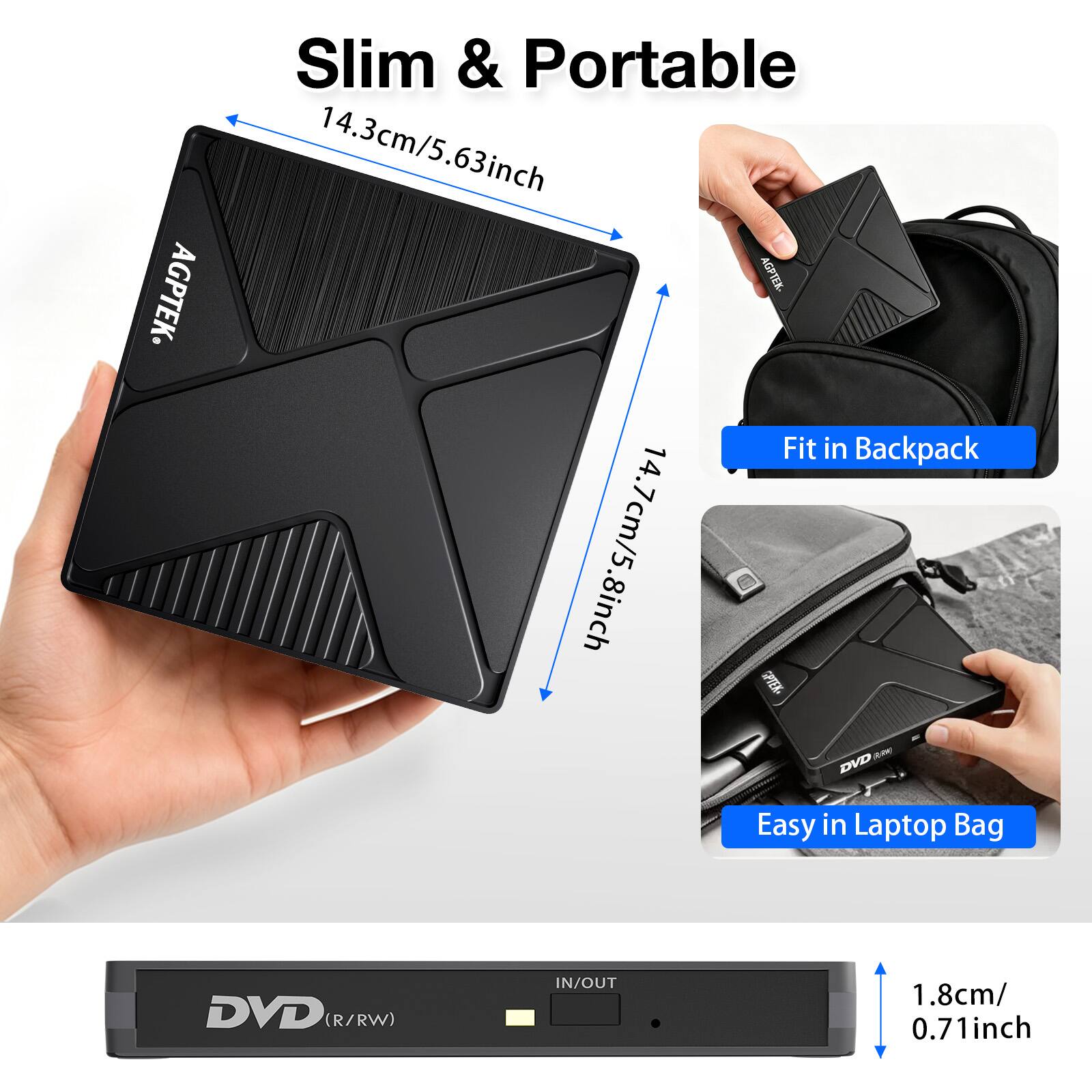 AGPTEK Slim & Portable 14.3cm/5.63inch AGFTEK Fit in Backpack 14.7cm/5.8inch STEN A DVD Easy in Laptop Bag DVD (R/RW) IN/OUT 1.8cm/0.71inch