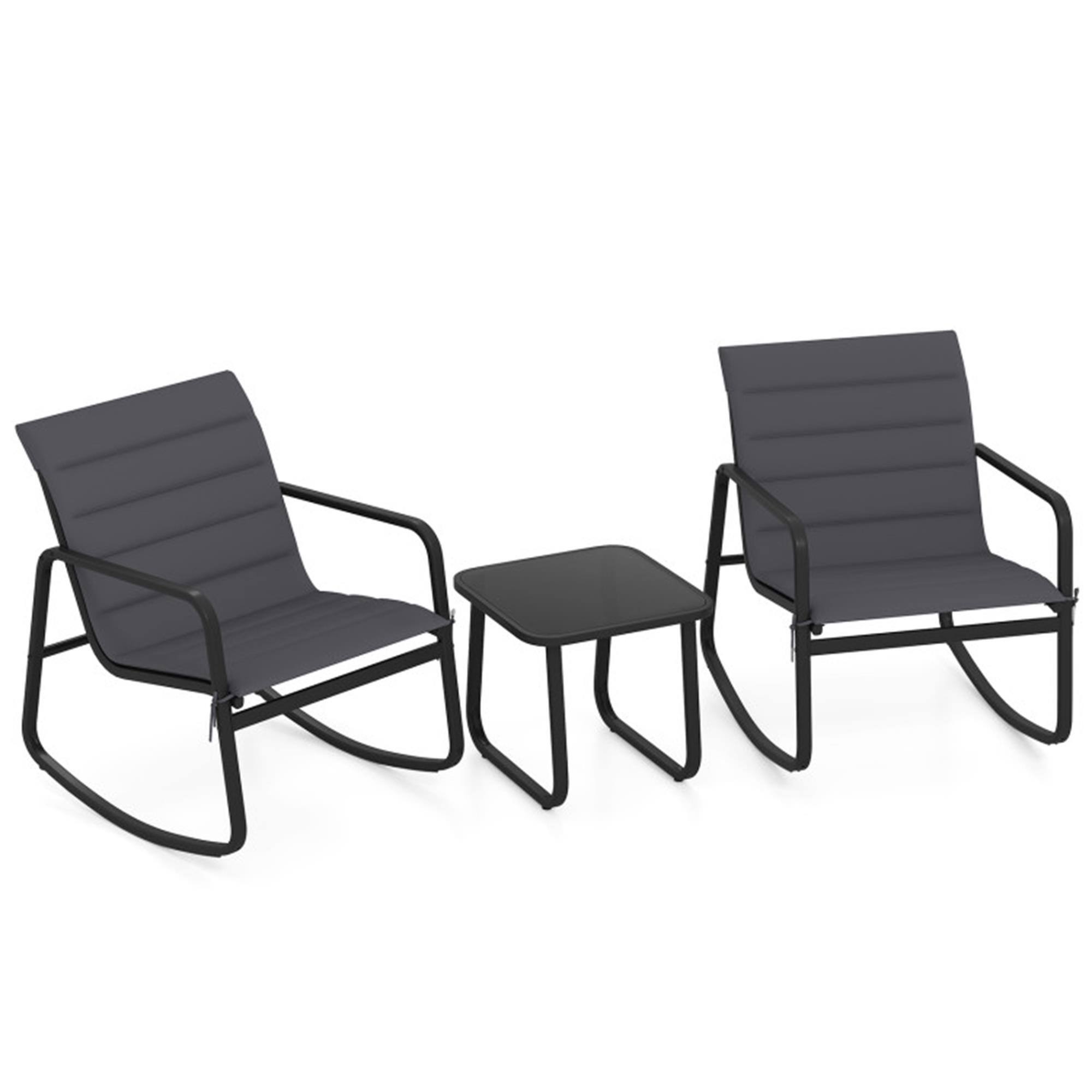 Front. Boyel Living - Gray 3 Piece Outdoor Rocking Bistro Set Porch Rocker Chairs with Tempered Glass Table- 290-in W x 310-in D x 240-in H - Gray.