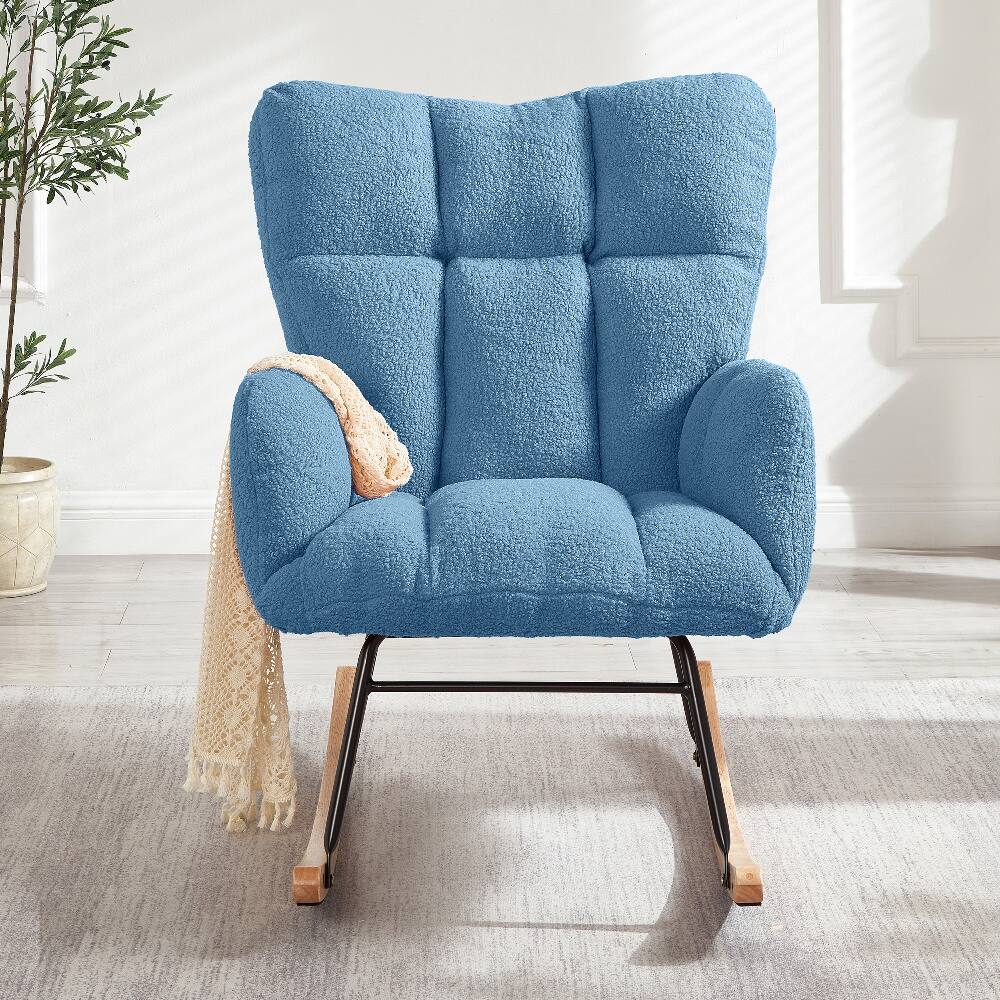 Angle. Loheer - Loheer Blue Tufted Upholstered Teddy Fabric Rocking Chair Metal Frame Glider Chair for Living Room - Blue.