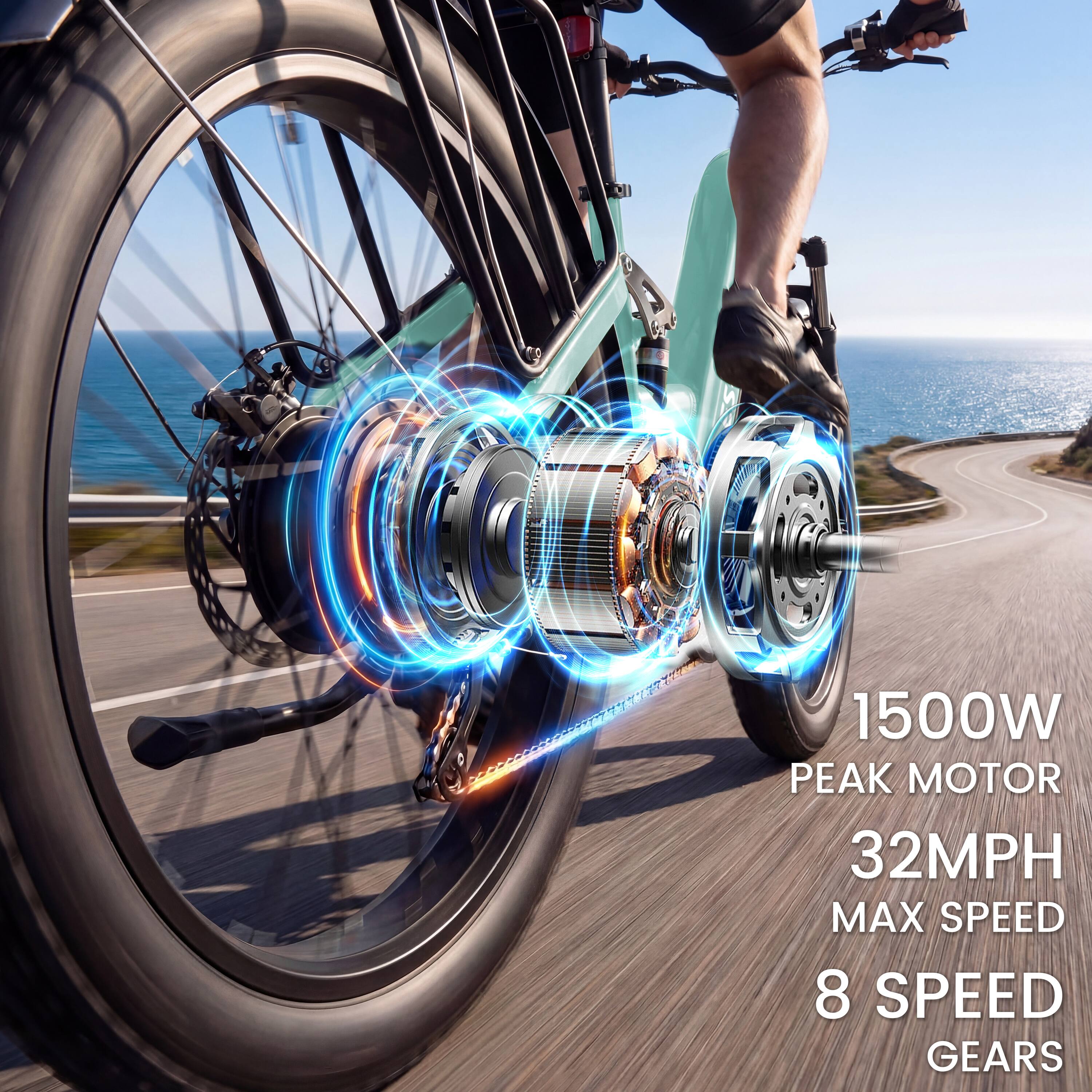 1500W Peak Motor  
32MPH Max Speed  
8 Speed Gears