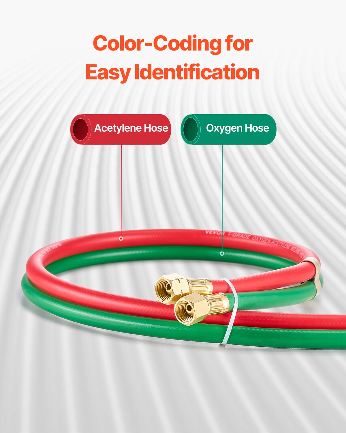 Color-Coding for Easy Identification

Acetylene Hose

Oxygen Hose

VEVOR T-GRADE OXYGEN-ACETYLENE