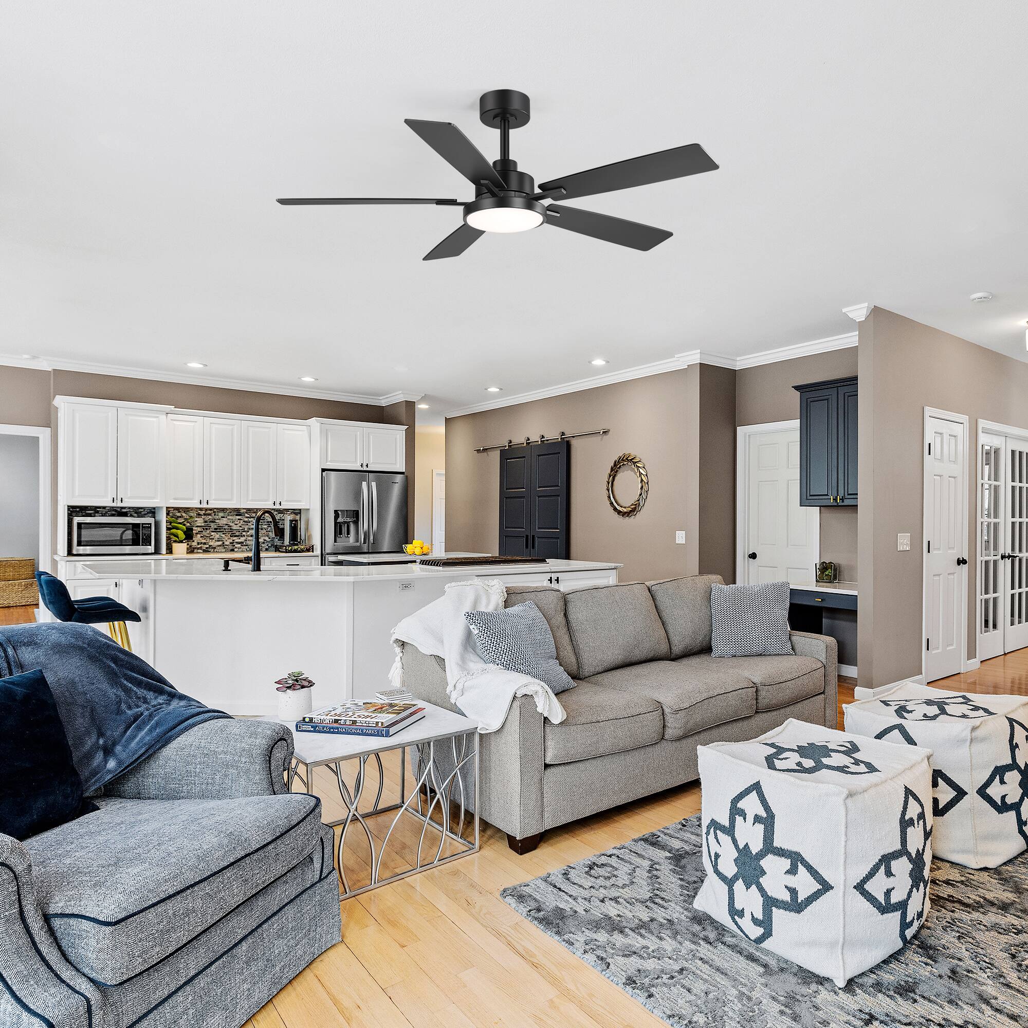 Alt View 1. Breezary - 52-in Large Indoor Ceiling Fan with 6-Speed DC Motor, LED Light, Remote & 5/10'' Downrods, 5 Reversible Blades - Black and Charcoal Wood-Grain.