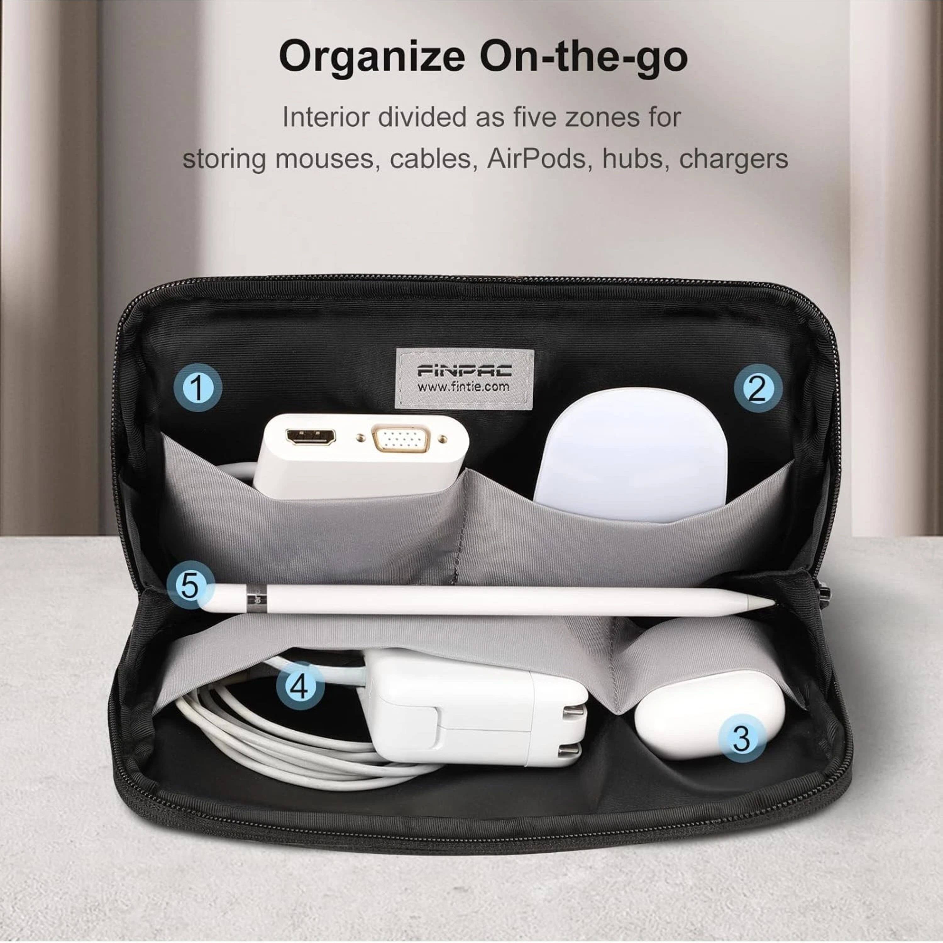 Organize On-the-go  
Interior divided as five zones for storing mouses, cables, AirPods, hubs, chargers  

1. FINPAC  
www.fintie.com  
2. 5  
4. 3