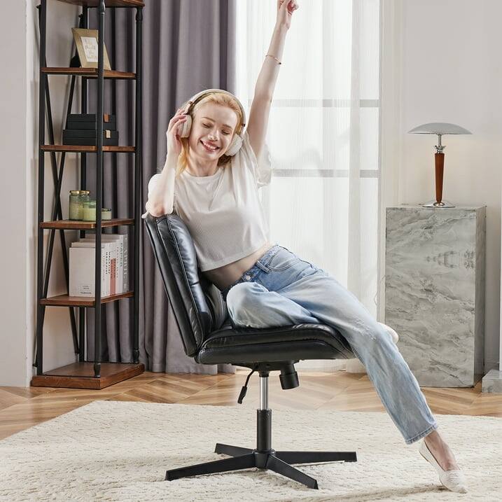 Back. AOITUN - Armless Office Chair without Wheels - Adjustable Swivel, Cross Legged Design, Wide Seat, Ergonomic PU Leather, Black - Black.