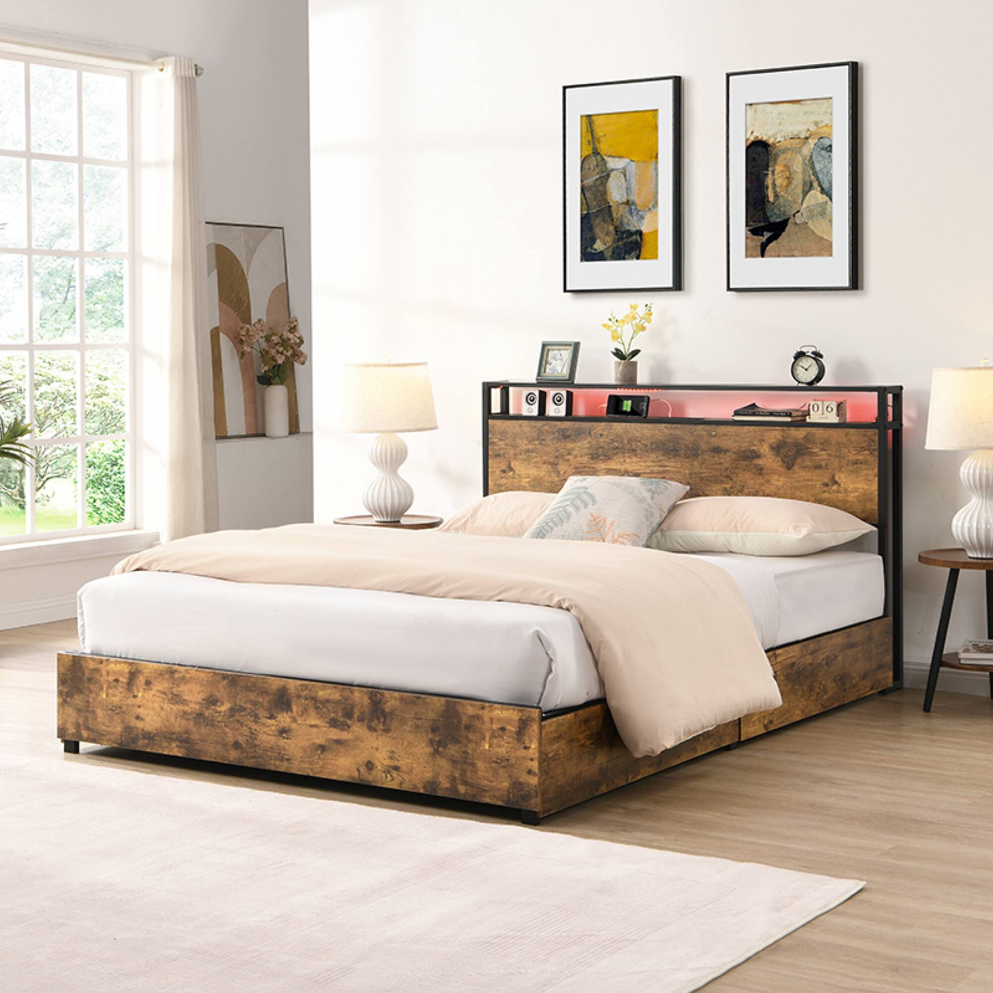 Back. GOODSILO - Queen Size Bed Frame with Storage Headboard and Built-in Charging Station, LED Lighting, and Easy Assembly - Black+Brown.