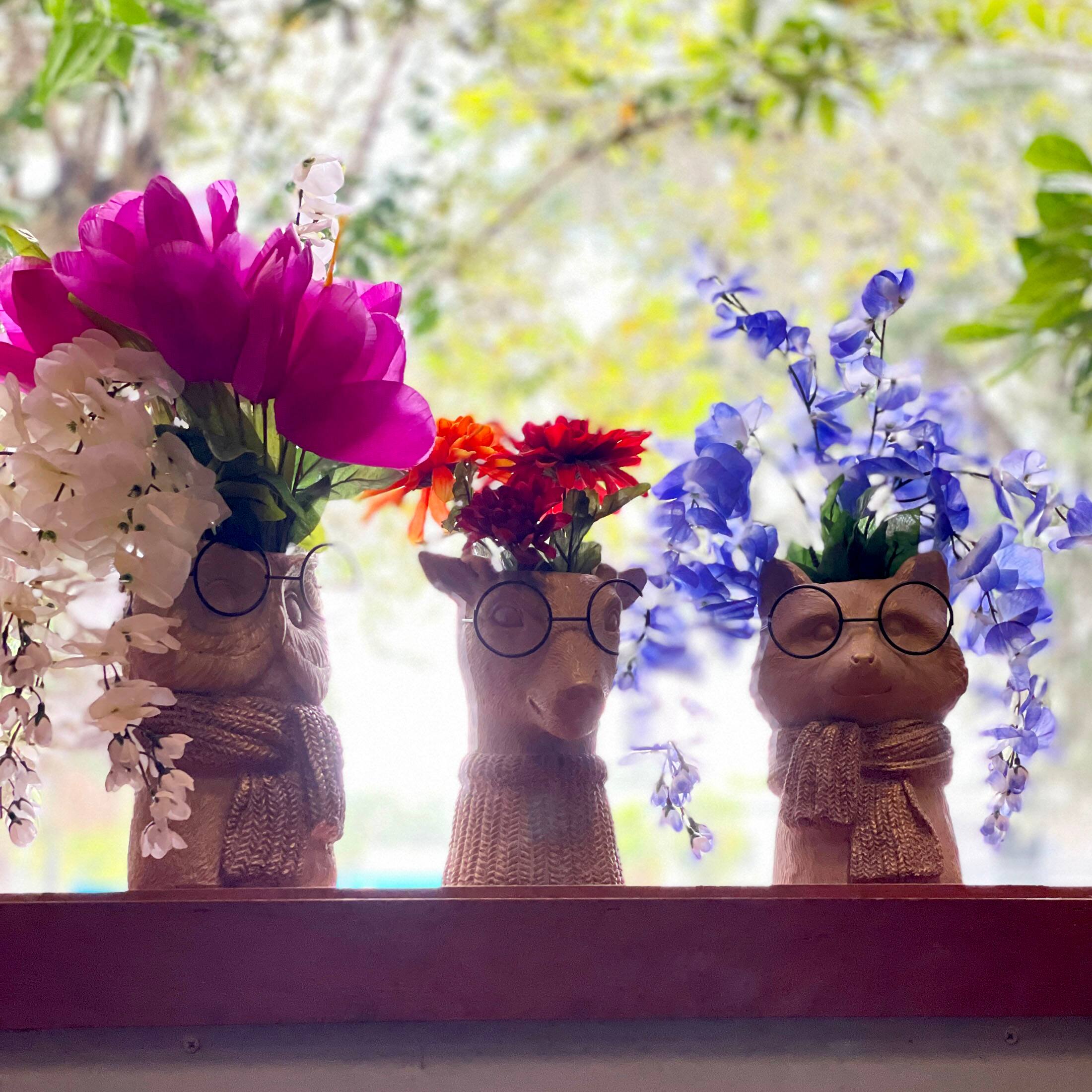 Alt View 8. Things2Die4 - Set of 3 Bespectacled Animal Vases Fox Owl Deer Gold Accent Knit Scarves Glasses - Taupe.