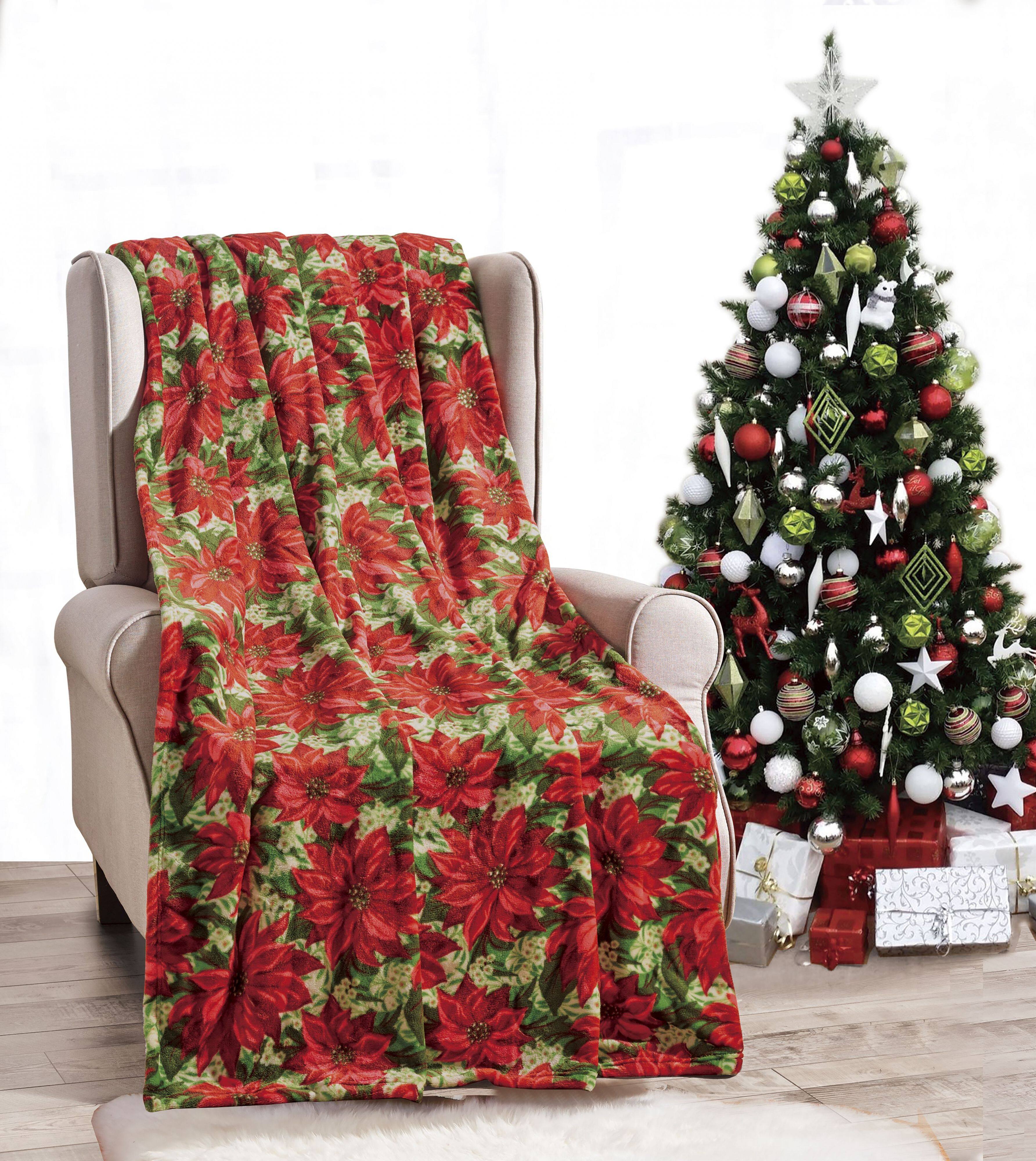 Back. Noble House - Christmas  Festive and Cheery Holiday Super Soft Ultra Comfy Microplush Throw Blanket 50"x60" - Poinsetta - Poinsetta.
