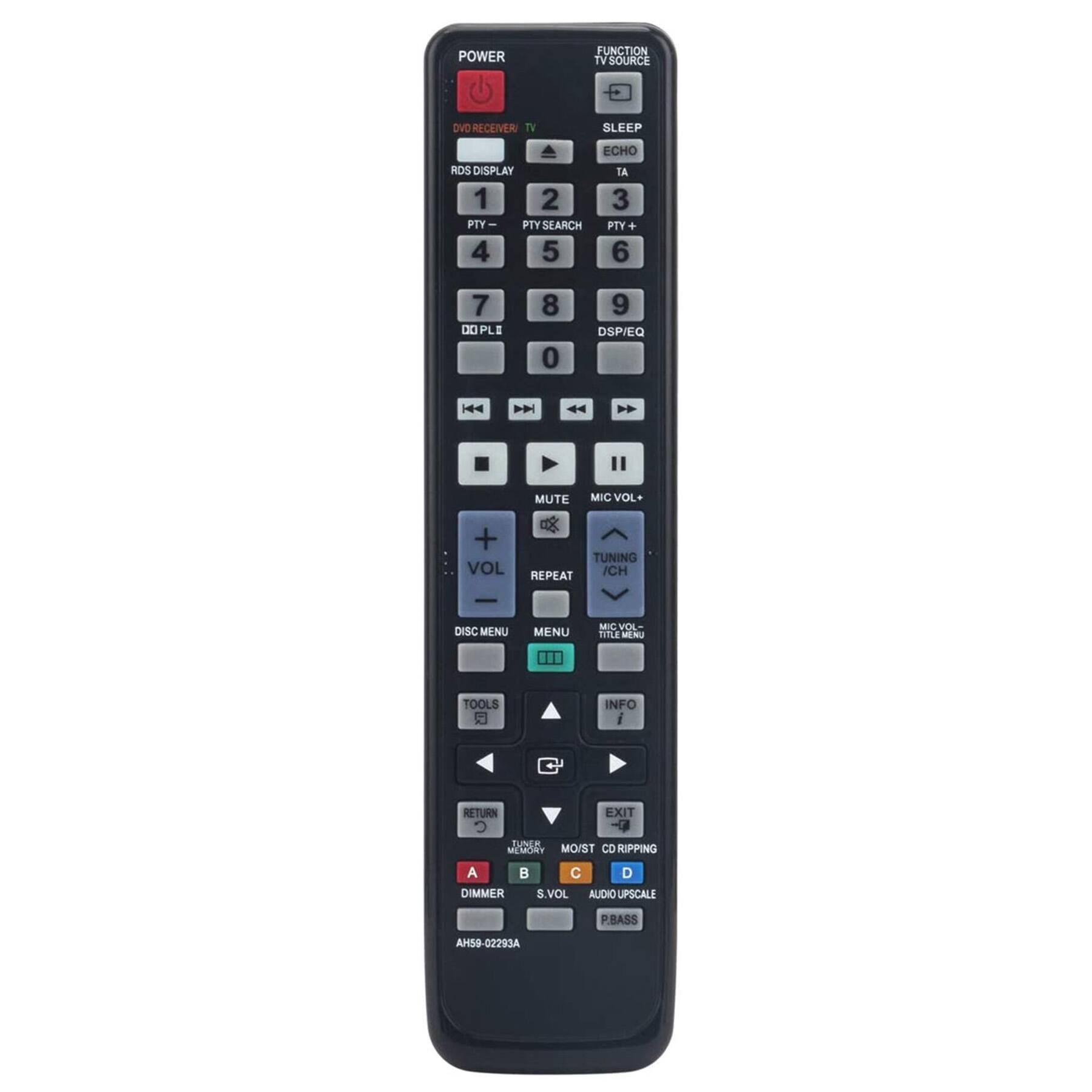 POWER  
DVD RECEIVER: TV  
RDS DISPLAY  
1 2 3 4 5 6 7 8 9 0  
PTY- PTY SEARCH PTY+  
D0 PLE  
DSP/EQ  
MUTE MIC VOL+ VOL-  
TUNING REPEAT ICH  
DISC MENU MENU  
TOOLS INFO  
RETURN EXIT  
MO/ST CD RIPPING  
A B C D  
DIMMER S.VOL  
AUDIO UPSCALE P.BASS  
AH59-02293A  

FUNCTION  
TV SOURCE  
SLEEP ECHO IA  
1 2 3  
SEARCH PTY+  
5 6  
8 9  
DSP/EQ  
0  
MUTE MIC VOL+ VOL-  
TUNING REPEAT ICH  
DISC MENU MENU  
TOOLS INFO  
RETURN EXIT  
MO/ST CD RIPPING  
A B C D  
DIMMER S.VOL  
AUDIO UPSCALE P.BASS  
AH59-02293A