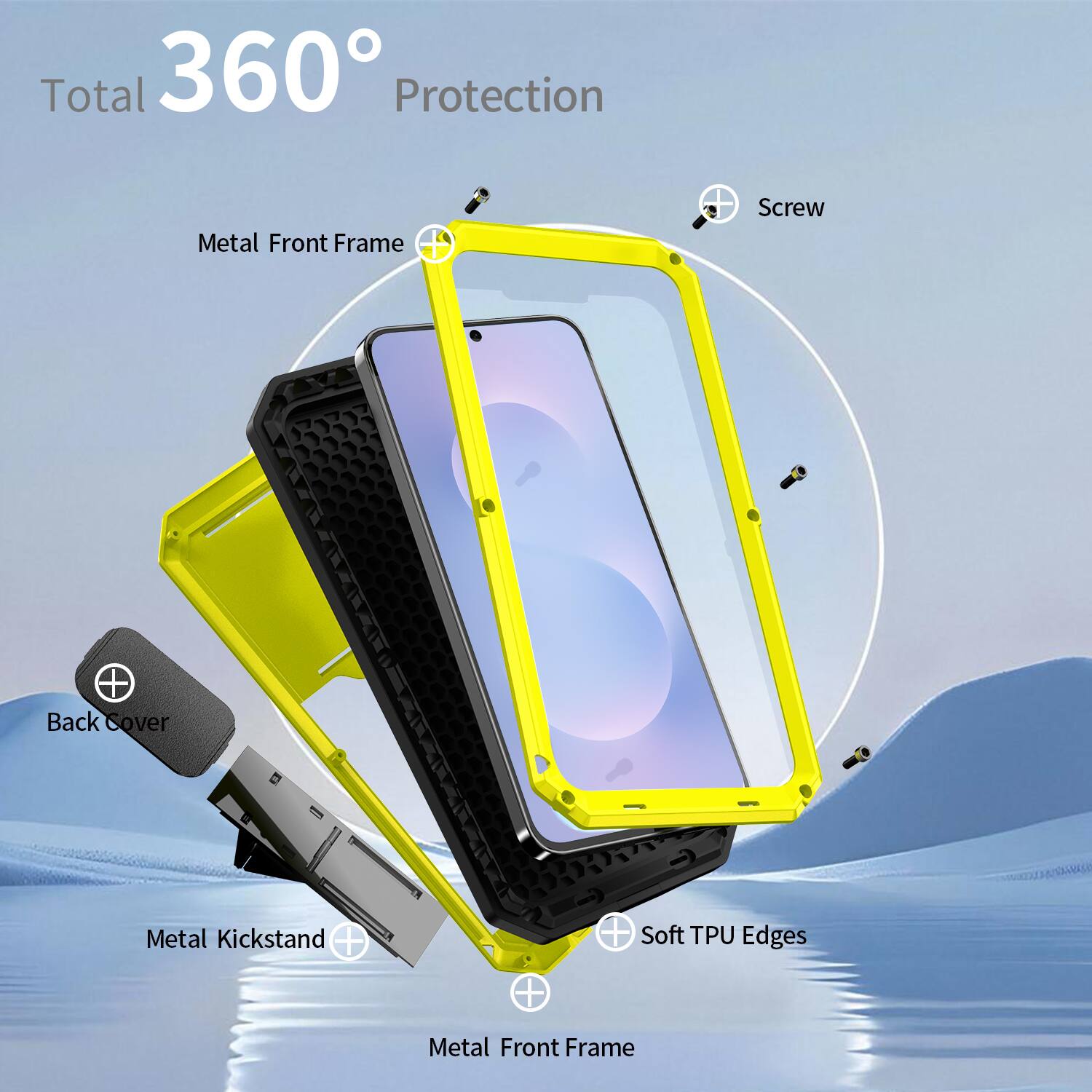 Total 360° Protection  
Metal Front Frame Screw + Back Cover Metal Kickstand + Soft TPU Edges Metal Front Frame