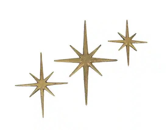 Front. Zeckos - Set of 3 Metallic Gold Cast Iron Starburst Wall Hangings 8 Pointed Stars - Gold.
