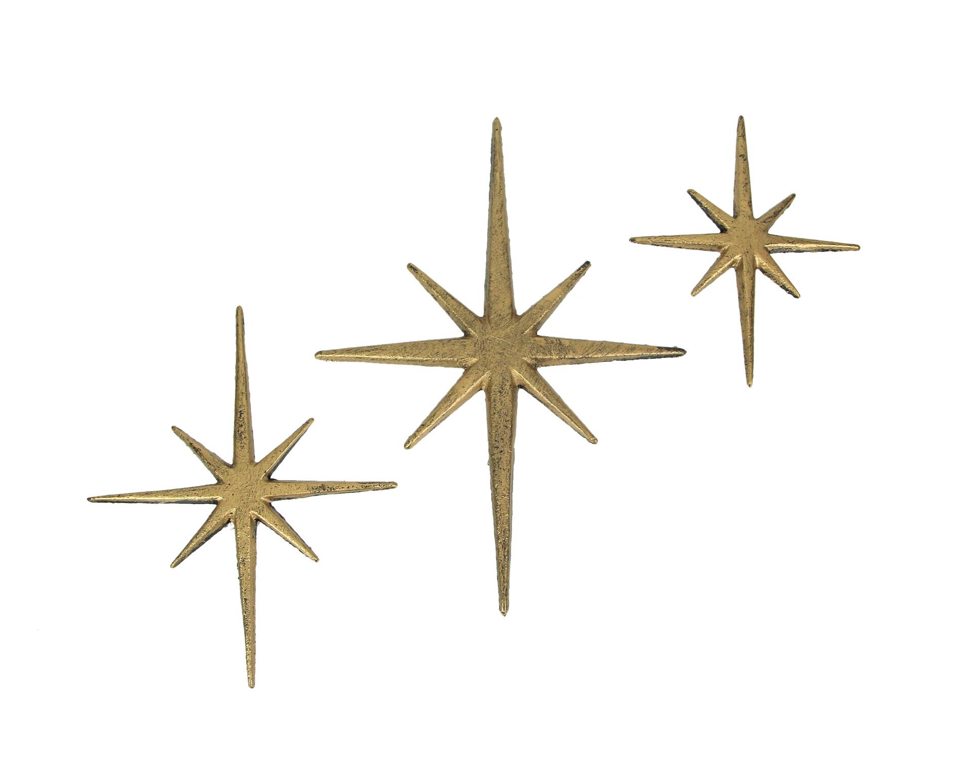 Front. Zeckos - Set of 3 Metallic Gold Cast Iron Starburst Wall Hangings 8 Pointed Stars - Gold.
