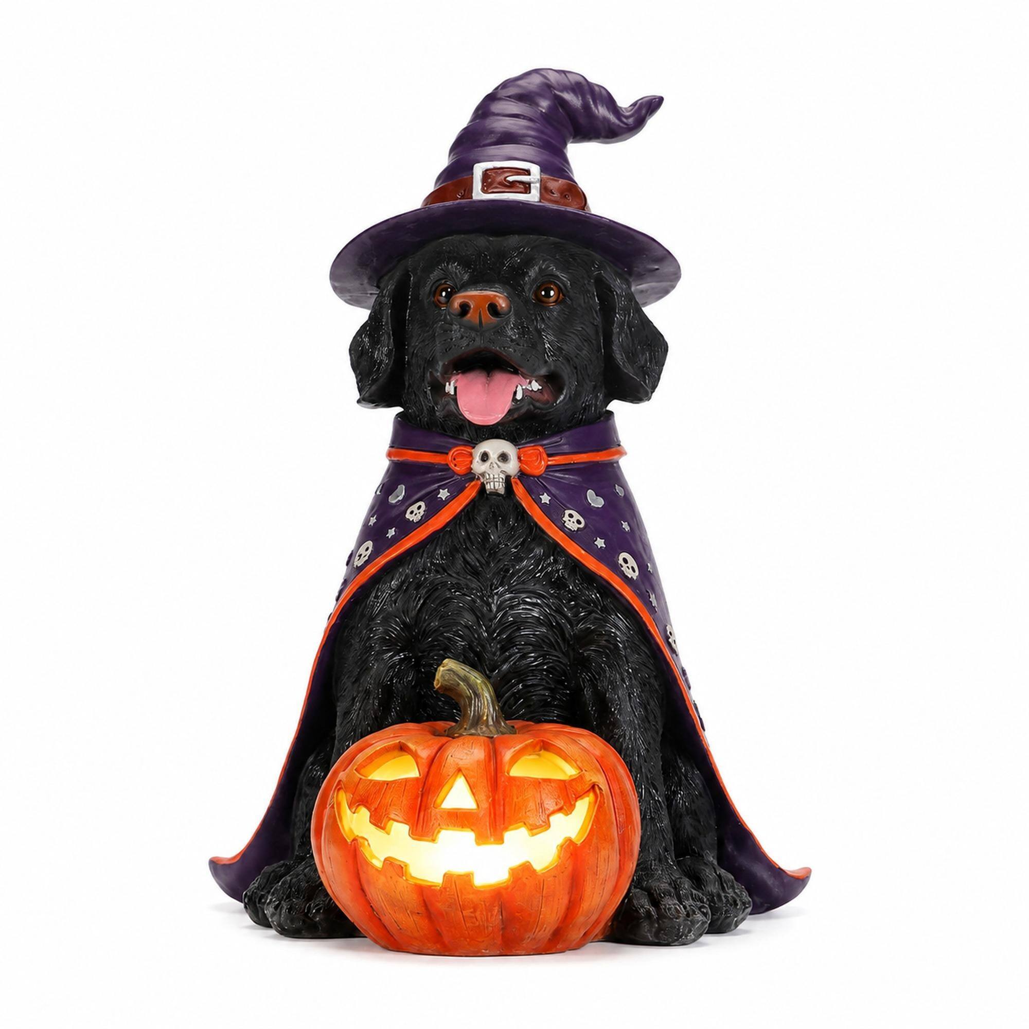 Front. RYHNUYNE - Halloween Black Lab Dog Statue with Witch Hat Cape and Glowing Jack-O-Lantern Pumpkin for Spooky Porch Decor - Black.