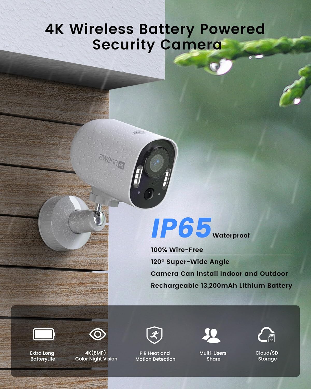 4K Wireless Battery Powered Security Camera with 4K IP65 Waterproof, 100% Wire-Free, 120 Super-Wide Angle Camera, Can Install Indoor and Outdoor, Rechargeable 13,200mAh Lithium Battery, SD Extra Long Battery Life, 4K (8MP) Color Night Vision, PIR Heat and Motion Detection, Multi-Users Share Cloud/SD Storage.
