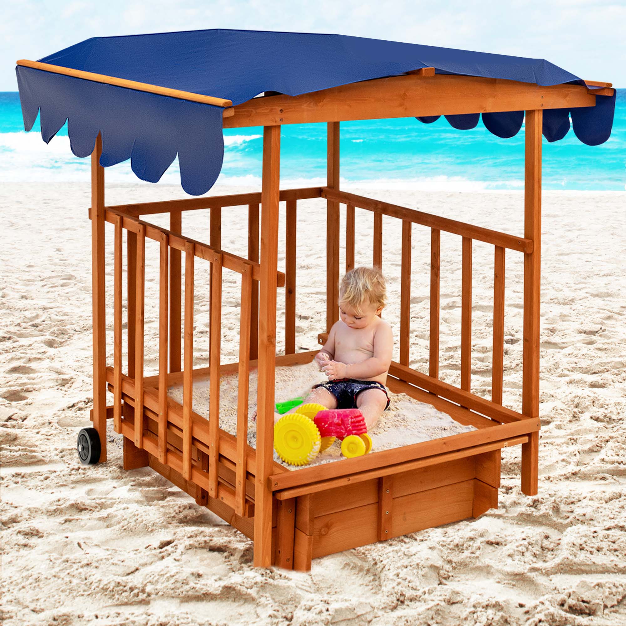 Alt View 2. Costway - Costway Wooden Retractable Sandbox  with Cover & Built-in Wheels Kids Outdoor Playhouse - Multicolor.