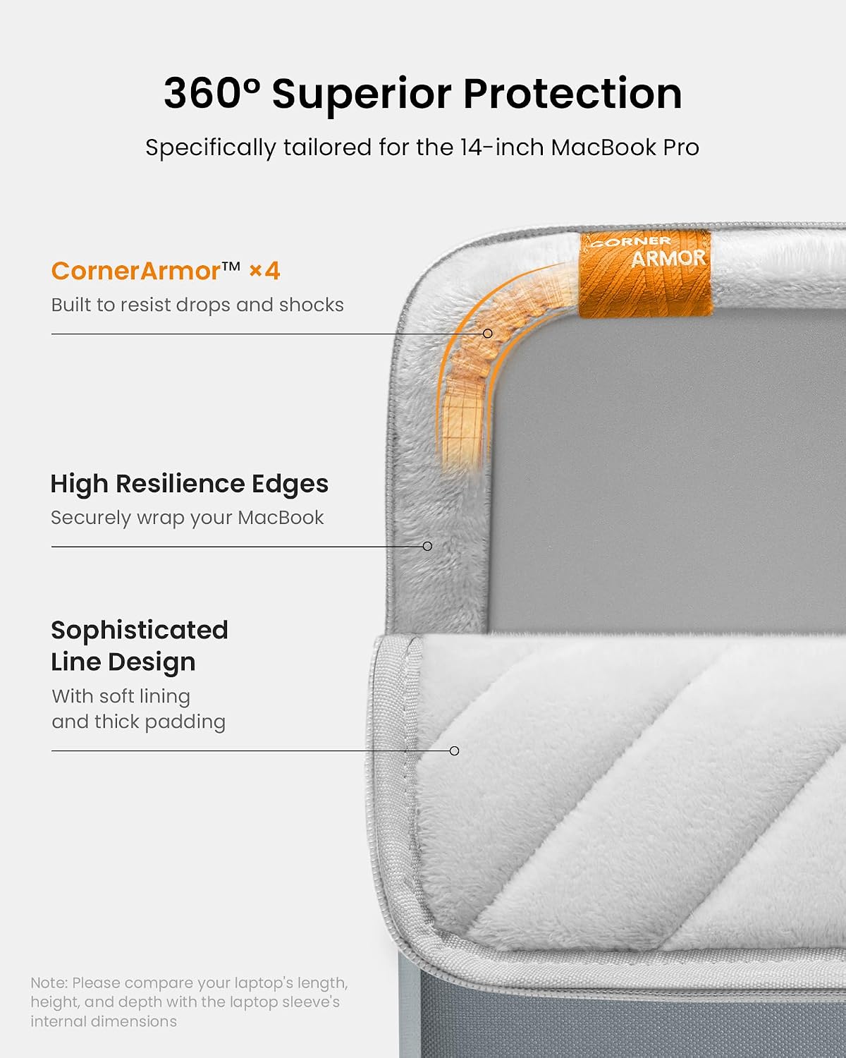 360° Superior Protection  
Specifically tailored for the 14-inch MacBook Pro  

CornerArmor™ x4  
Built to resist drops and shocks  

High Resilience Edges  
Securely wrap your MacBook  

Sophisticated Line Design  
With soft lining and thick padding  

Note: Please compare your laptop's length, height, and depth with the laptop sleeve's internal dimensions