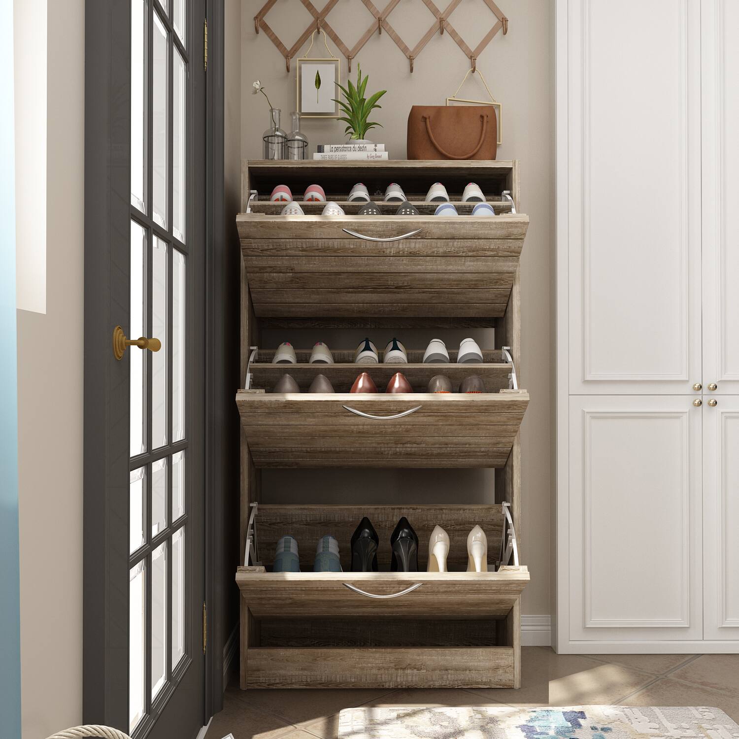 Alt View 5. Famapy - Famapy Rustic Wood Shoe Cabinet with 3 Flip - Down Drawers & Adjustable Shelves – Ideal for Entryway Organization - Wooden.