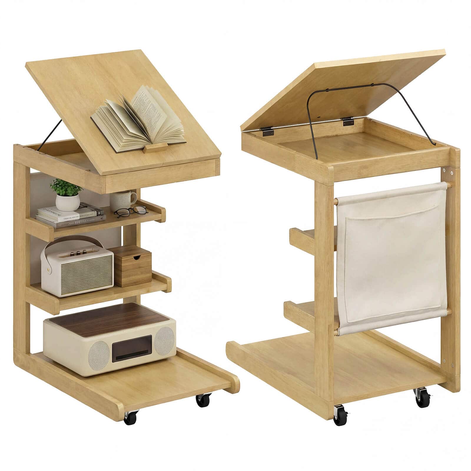 Costway - 2 PCS C-shaped End Table with Wheels Adjustable Desktop Edge Stopper Storage Pocket - Natural