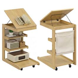 Costway - 2 PCS C-shaped End Table with Wheels Adjustable Desktop Edge Stopper Storage Pocket - Natural