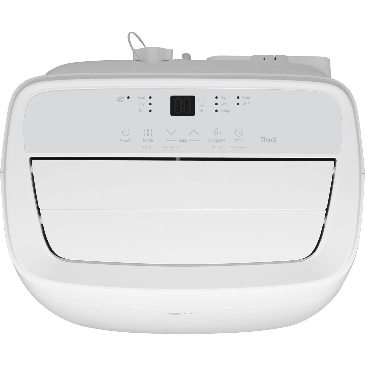 The text on the image reads: "Clean Filter, Cool Dry, Fan, F/C Hr, High/Low, Swing Timer, WI-R, Power DO Mode, L - Temp, Fibe - - Fan Speed, ma Timer -u Seogcd ThinQ."