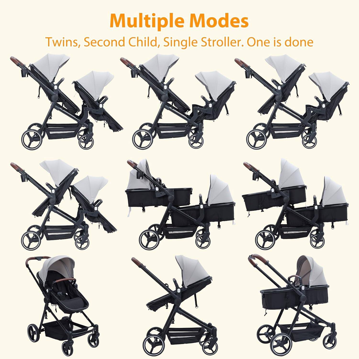 Acekool Double Track Tandem Stroller with Foldable Reversible Bassinet ...