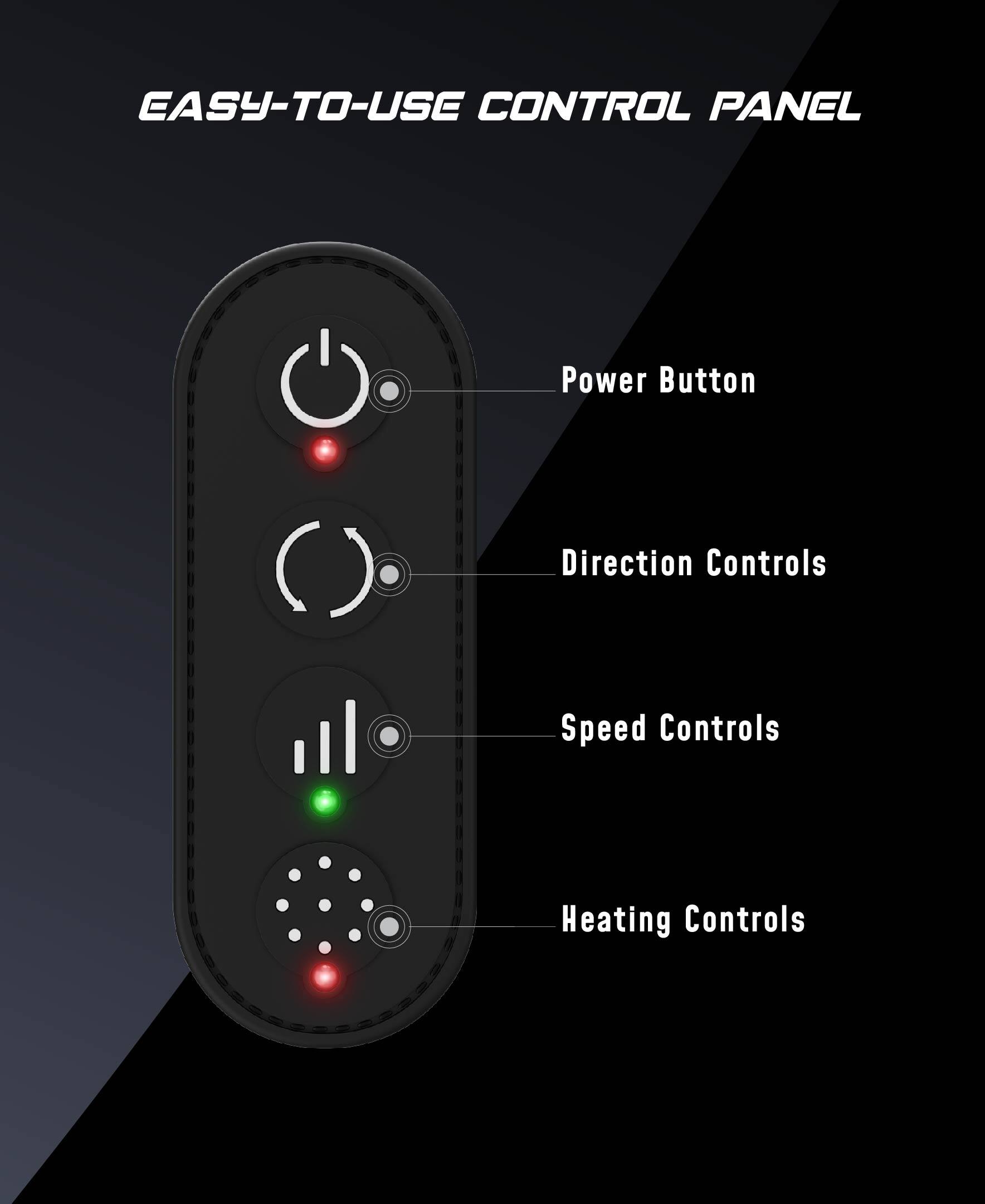EASY-TO-USE CONTROL PANEL

- Power Button
- Direction Controls
- Speed Controls
- Heating Controls