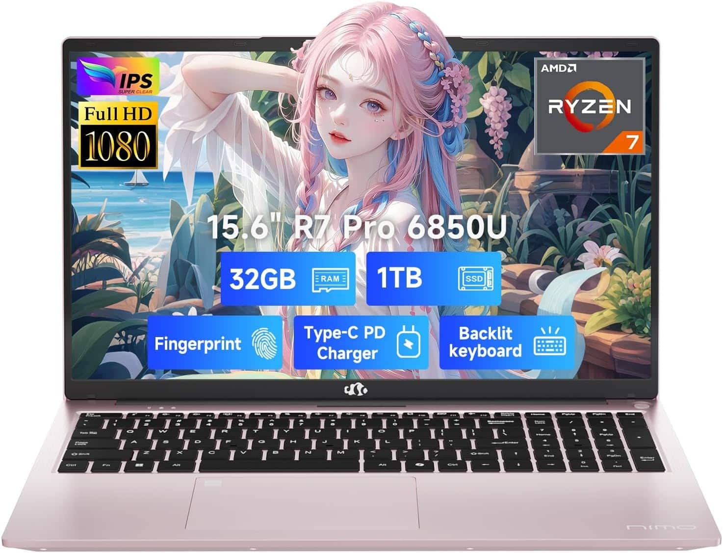 NIMO - 15.6" Light-Gaming-Laptop, 8 Cores AMD Ryzen 7 Pro 6850U 32GB LPDDR5 RAM 1TB SSD - Rose Gold