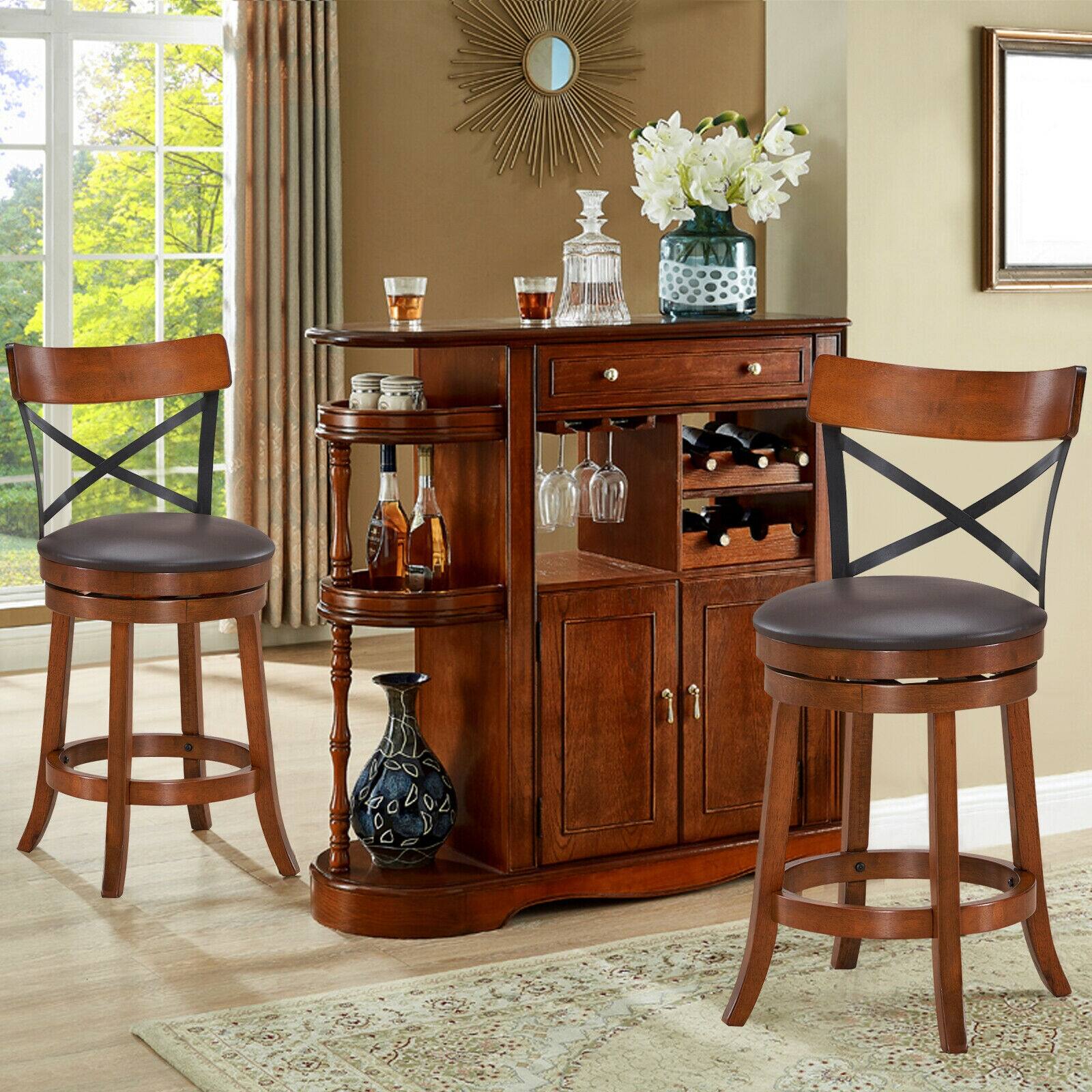 Alt View 1. Ecooso - Set of 2 Bar Stools 360-Degree Swivel Dining Bar Chairs with Rubber Wood Legs - Walnut, black, brown.