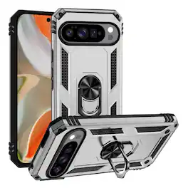 Kitcheniva - Shockproof Ring Holder Magnetic Kickstand Phone Case With Tempered Glass For Google Pixel 10 Pro XL - Silver
