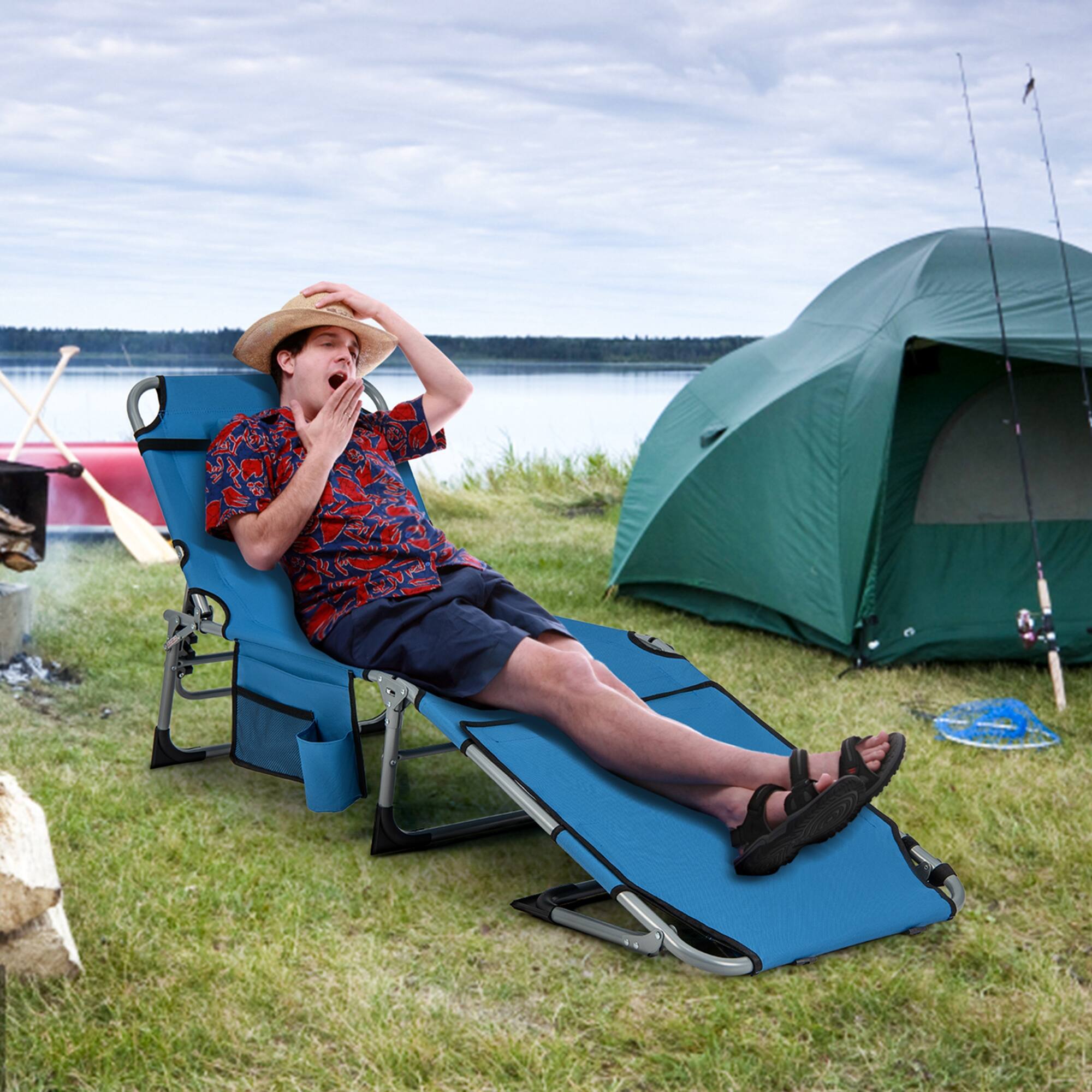 Alt View 1. Costway - Costway Outdoor Folding Chaise 5-Position Lounge Chair with Face Hole &Adjustable Footrest - Blue.