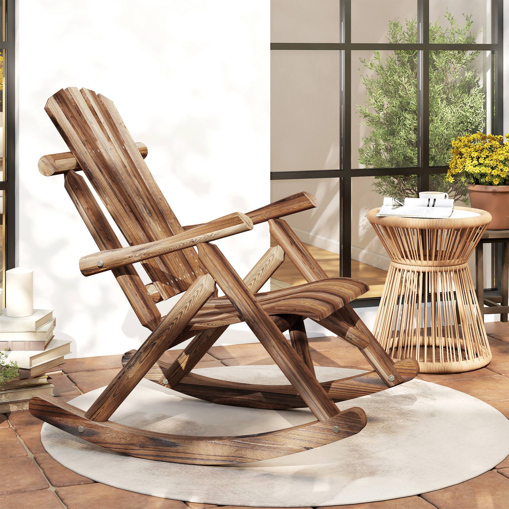 Alt View 8. Outsunny - Outdoor Wooden Rocking Chair, Single-Person Adirondack Rocking Patio Chair with Rustic High Back, Slatted Seat - Carbonized.