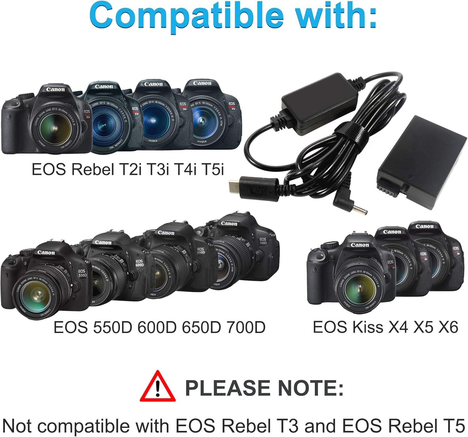 Compatible with:  
Canon EOS Rebel T2i T3i T4i T5i  
Canon EOS 550D 600D 650D 700D  
Canon EOS Kiss X4 X5 X6  

PLEASE NOTE: Not compatible with EOS Rebel T3 and EOS Rebel T5