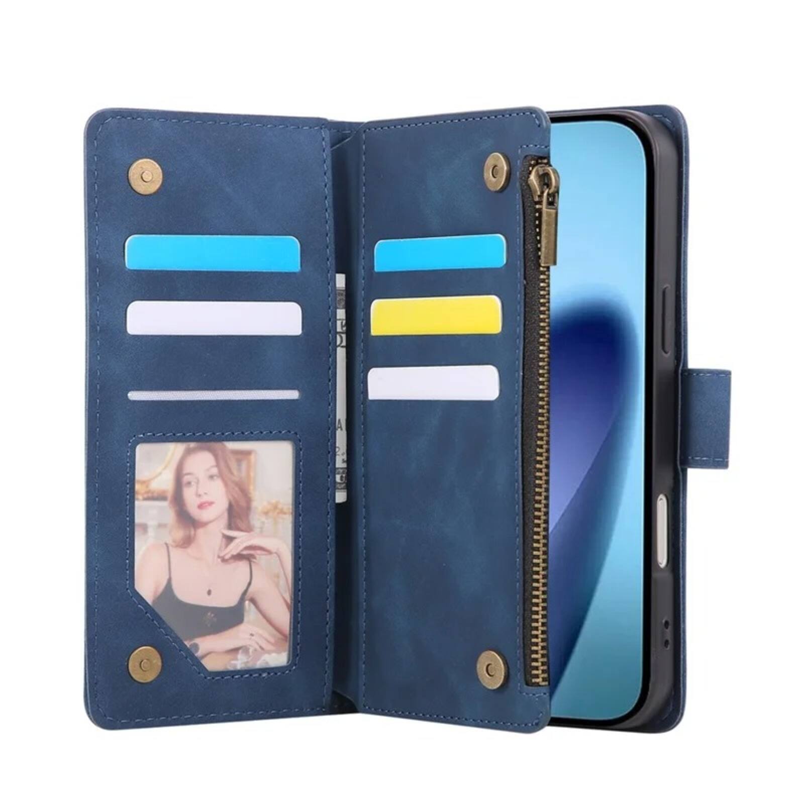 Left. UUCOVER - Wallet Case for Apple iPhone 18 Pro with Card Slots Cash Holder, Zipper Pocket, Wrist & Shoulder Strap, Flip Stand Cover - Blue.