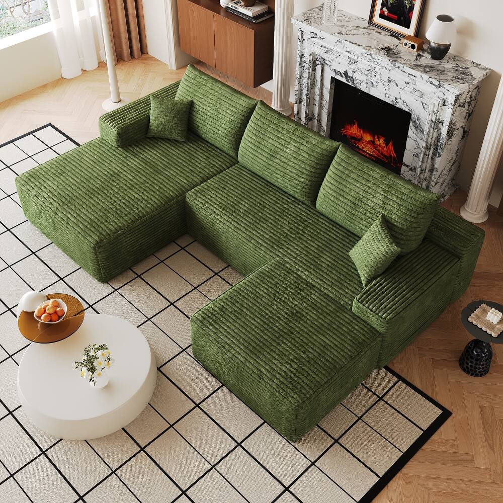 Left. Loheer - Loheer 107-Inch Green Corduroy Cloud Sectional Sofa with Ottoman, U-Shaped Deep Seat Modular Couch - Green.