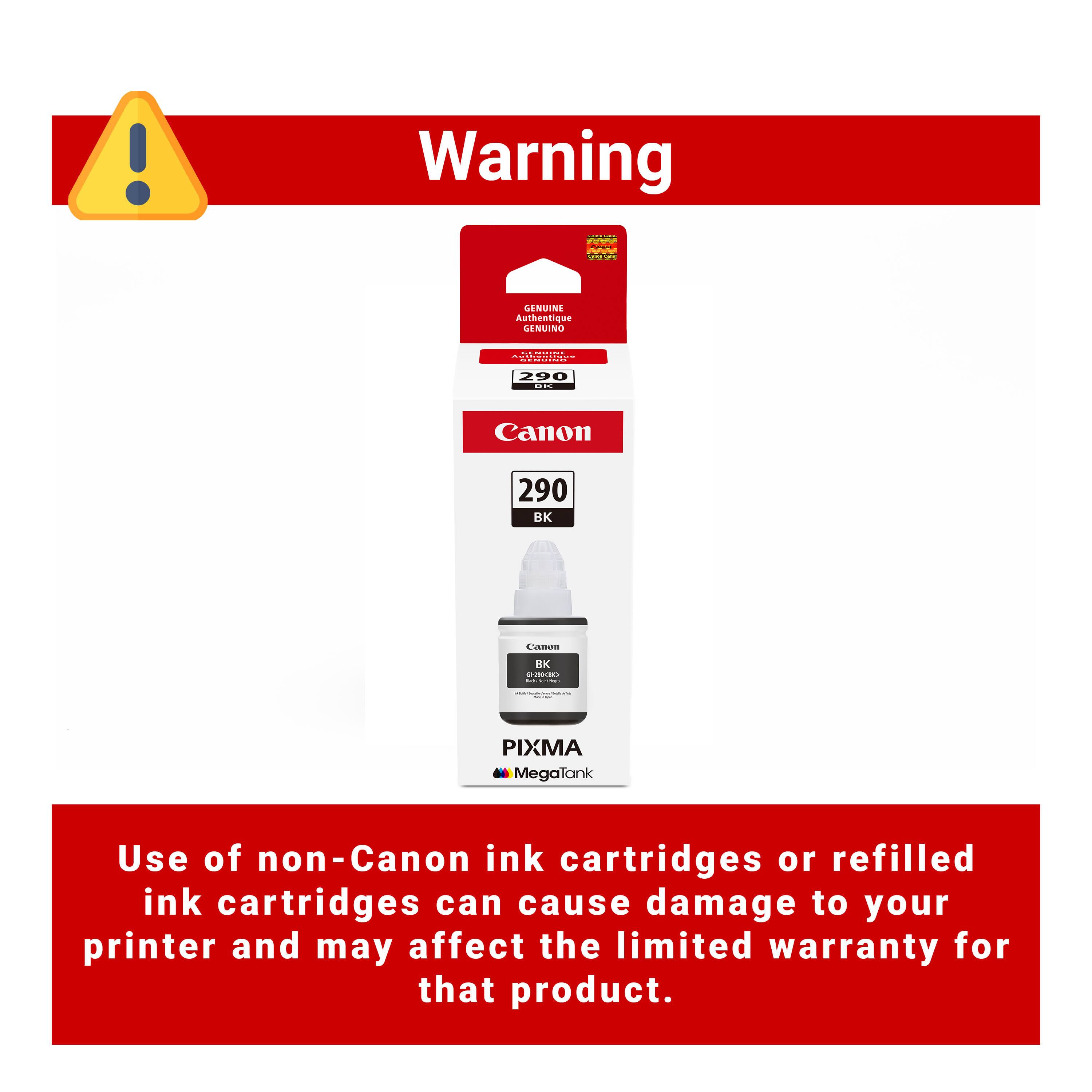Warning

Use of non-Canon ink cartridges or refilled ink cartridges can cause damage to your printer and may affect the limited warranty for that product.