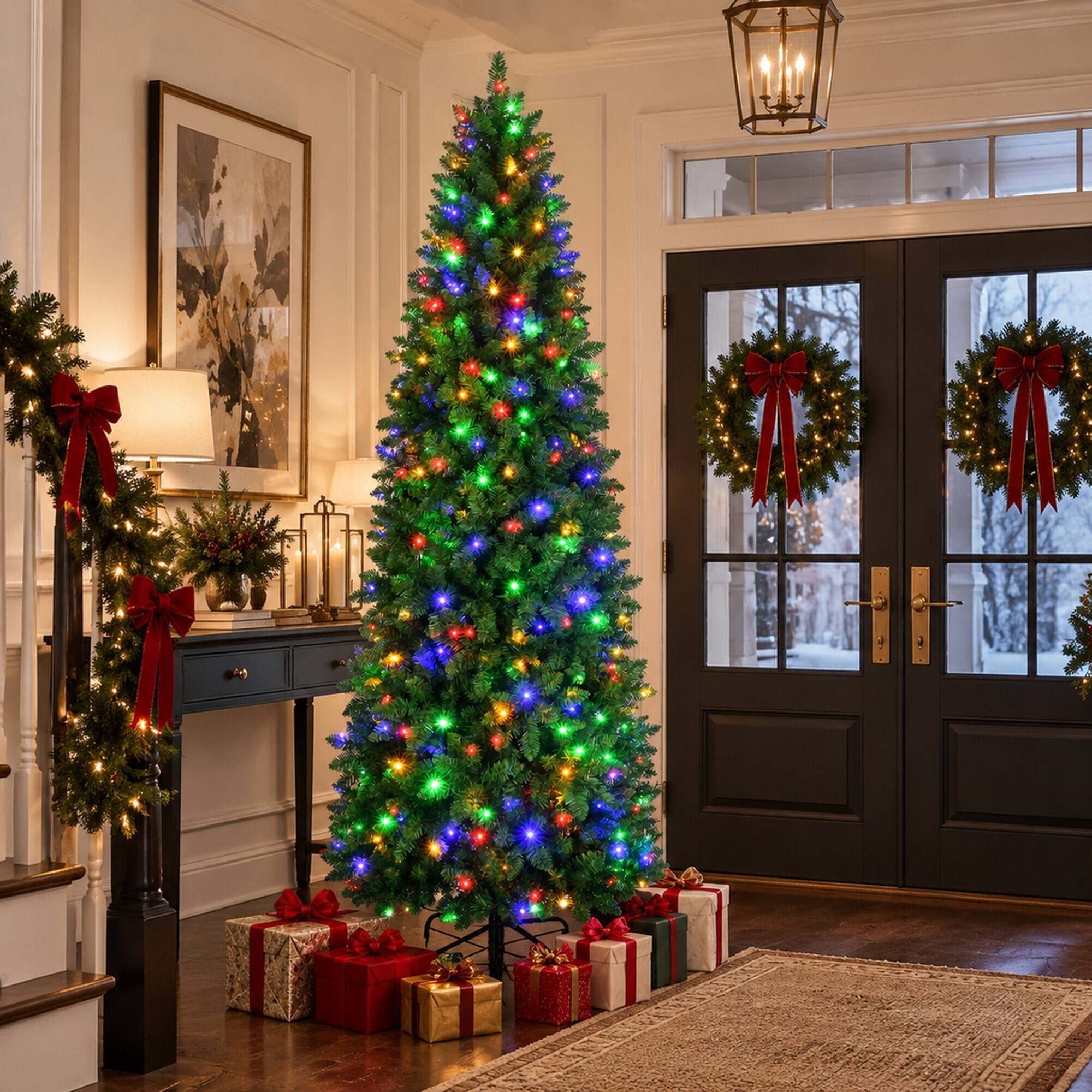 Alt View 2. RYHNUYNE - 9FT Pre-Lit Pencil Christmas Tree With Warm White and Multi-Color LED Lights, Realistic Spruce and Metal Base - Green.