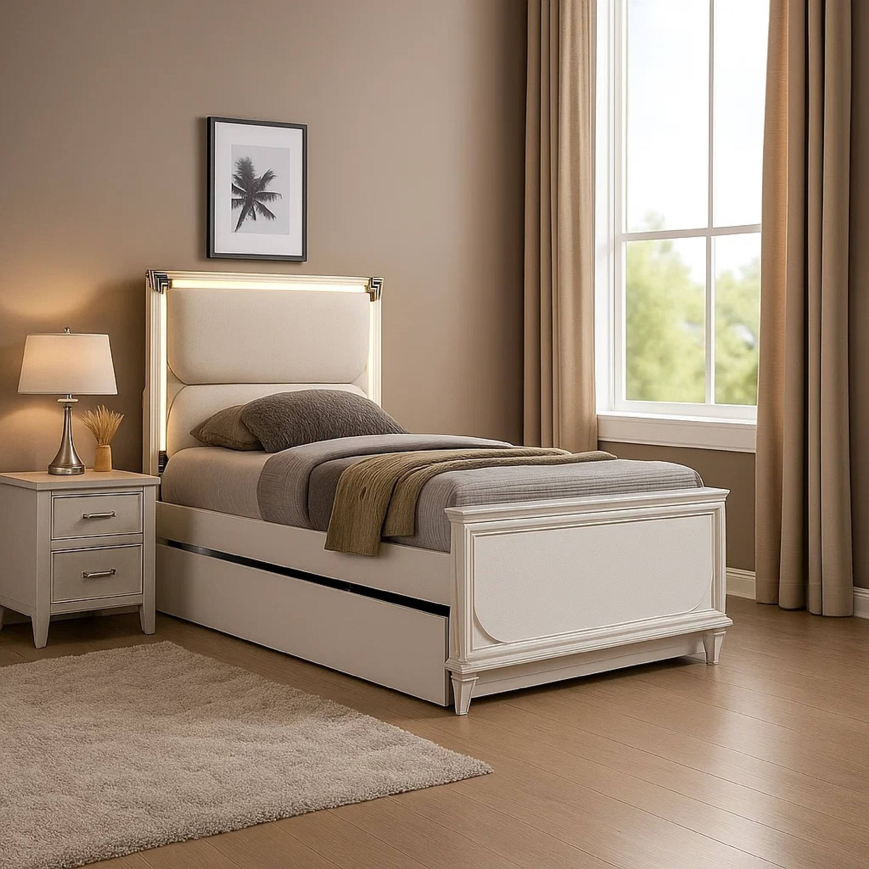 Alt View 2. Manhattan Lane - Dima Full Size Bed with Pull Out Trundle and LED Headboard - Pearl White, Clear.