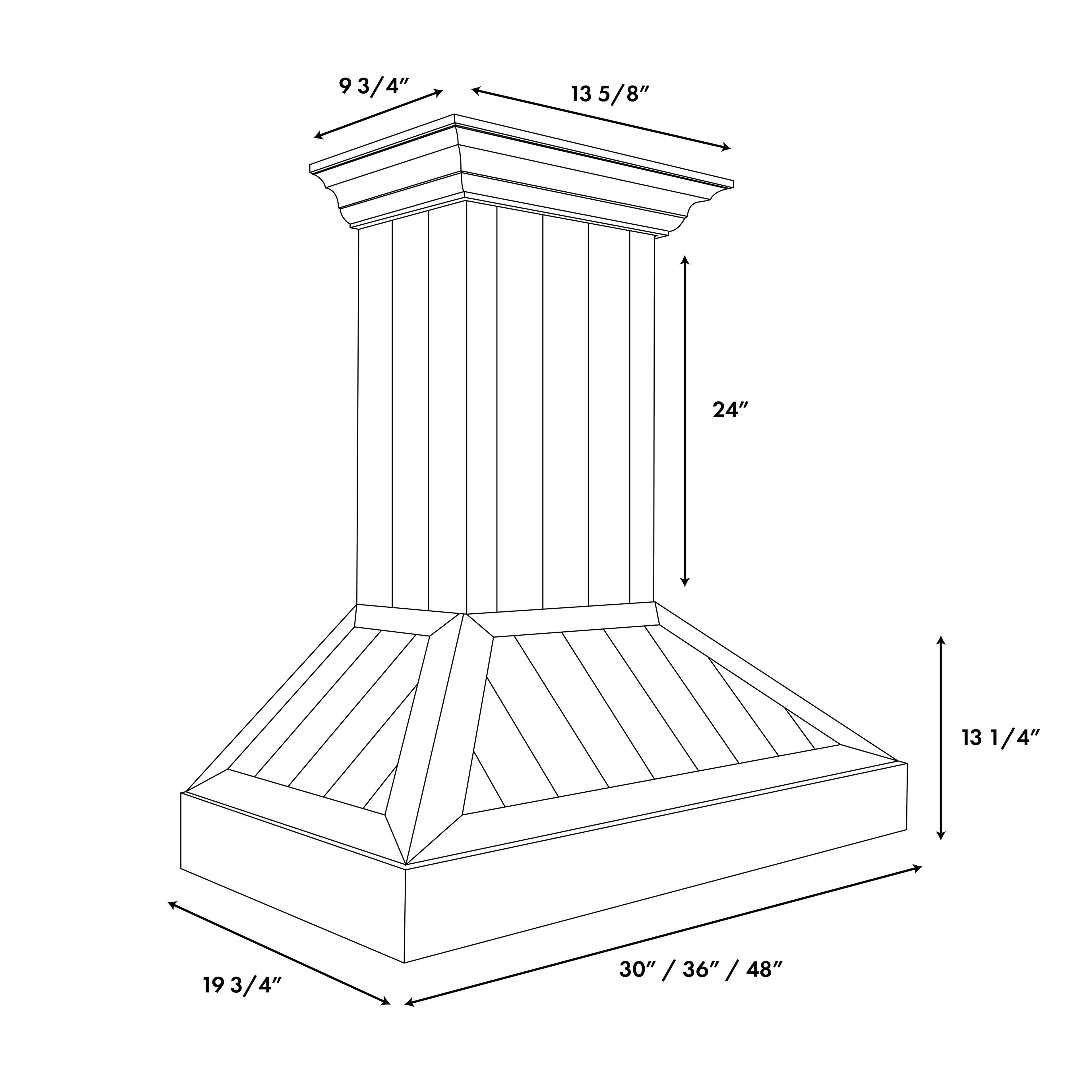 The image shows a drawing of a column with a roof on top. The measurements are provided in both inches and metric units. The column is 93 3/4 inches tall, with a roof that is 13 5/8 inches high. The column is also 24 inches wide, and the roof is 13 1/4 inches wide. The column's base is 19 3/4 inches wide, and the roof's base is 30 inches wide. The roof's base is also 36 inches wide, and the column's base is 48 inches wide.
