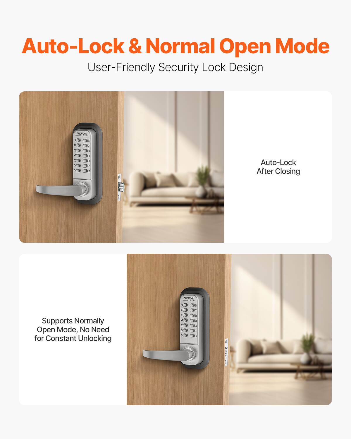 Auto-Lock & Normal Open Mode  
User-Friendly Security Lock Design  

Auto-Lock After Closing  

Supports Normally Open Mode, No Need for Constant Unlocking