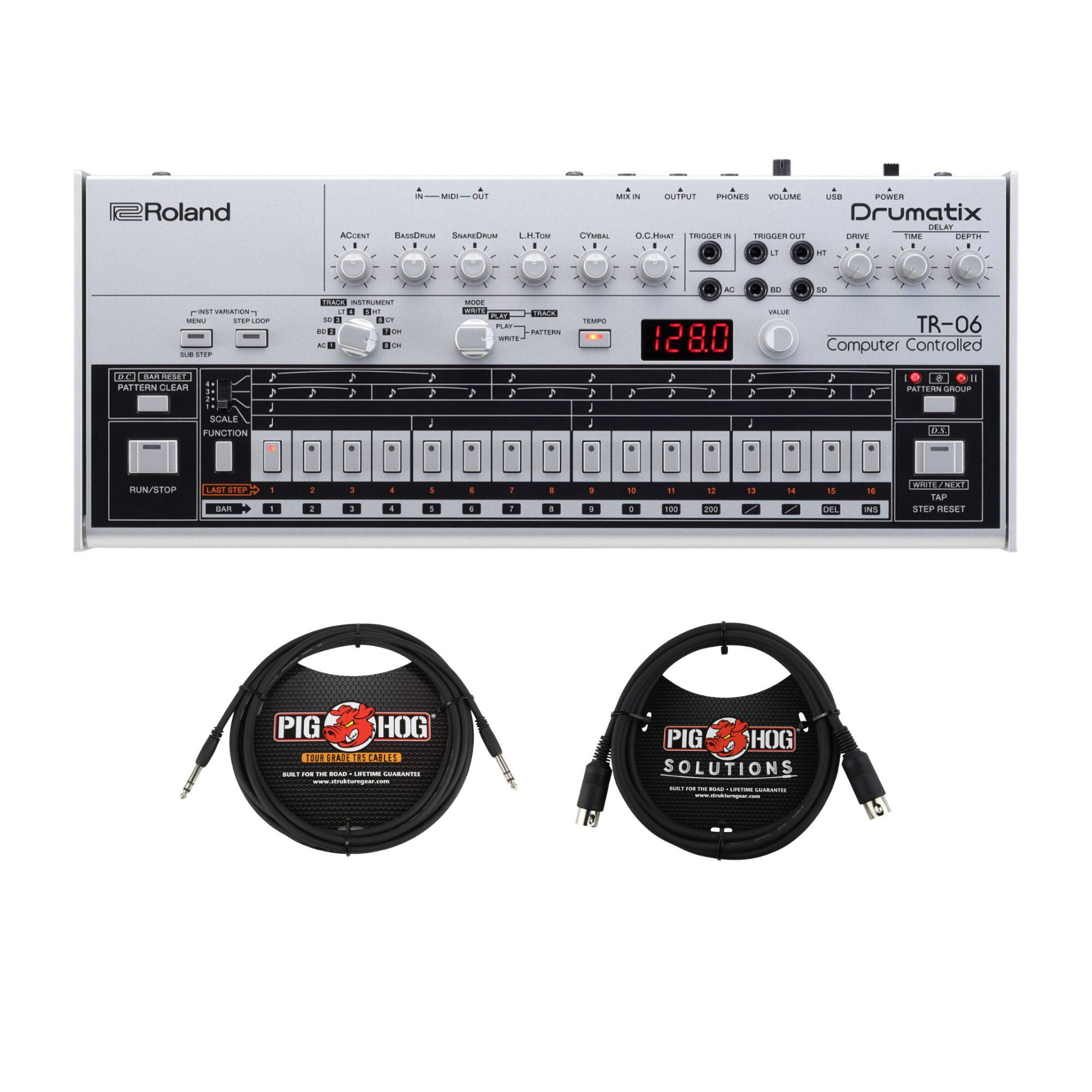 Roland Drumatix TR-06 Computer Controlled

- Accent
- Bass Drum
- Snare Drum
- LH Tom
- RH Tom
- Cymbal
- O/C Hi-Hat
- Trigger In
- Trigger Out
- USB
- Power
- Mix In
- Output
- Phones
- Volume
- Delay Depth
- Drive
- Tempo
- Pattern Group
- Pattern Clear
- Scale
- Function
- Run/Stop
- Last Step
- Bar
- Step Reset
- White/Next

PIG HOG Solutions
Built for the Road - Lifetime Guarantee
