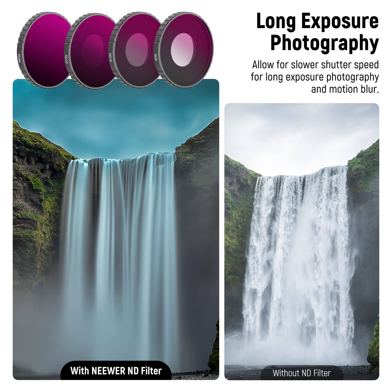 SON ZCON NO16 BON

Long Exposure Photography

Allow for slower shutter speed for long exposure photography and motion blur.

With NEEWER ND Filter

Without ND Filter