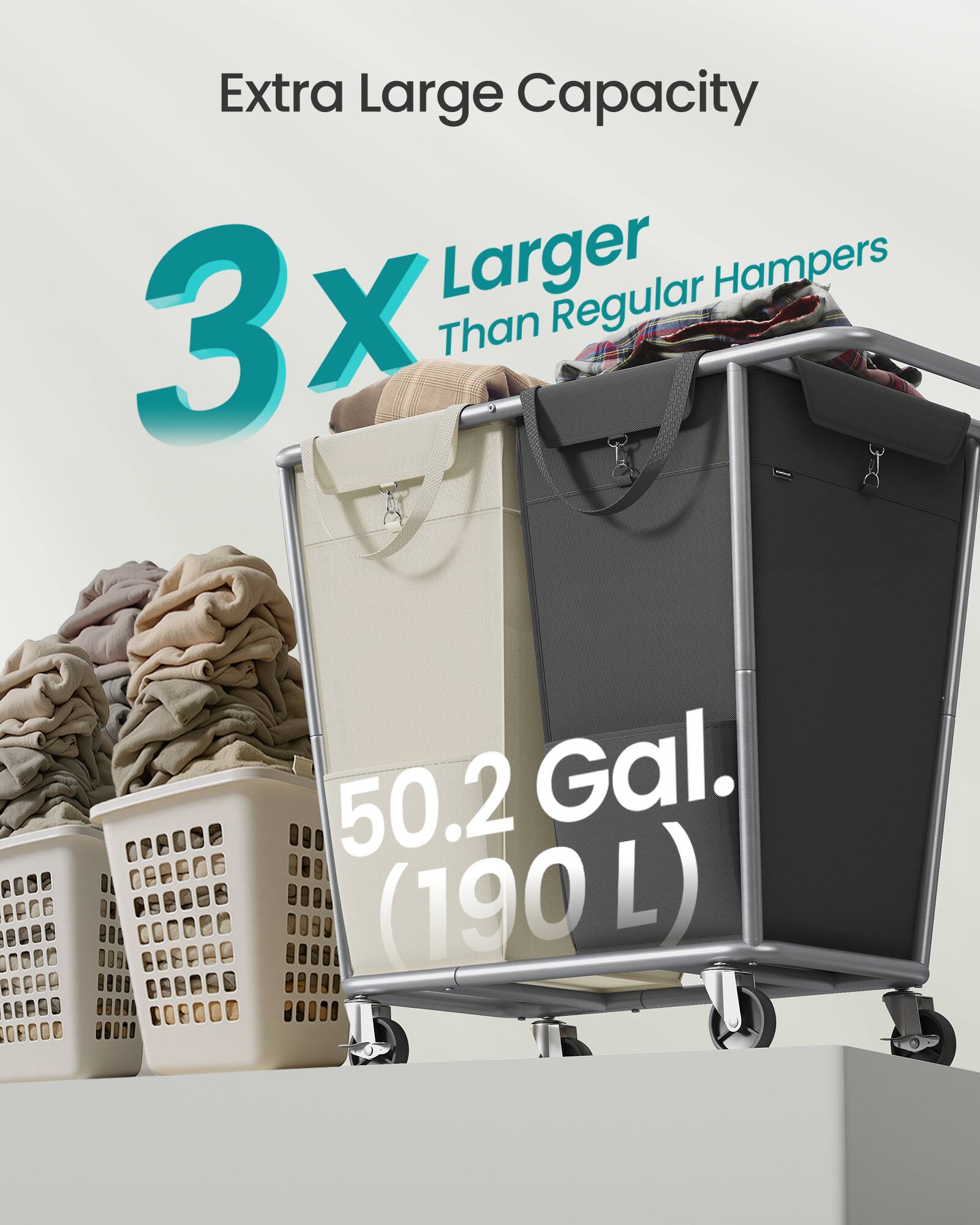 Extra Large Capacity  
3x Larger Than Regular Hampers  
50.2 Gal. (190L)