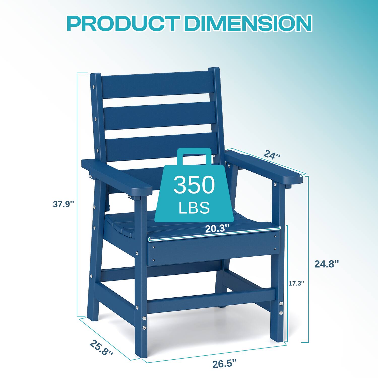 PRODUCT DIMENSION  
37.9" x 20.3" x 24" x 24.8" x 17.3" x 25.8" x 26.5"  
350 LBS