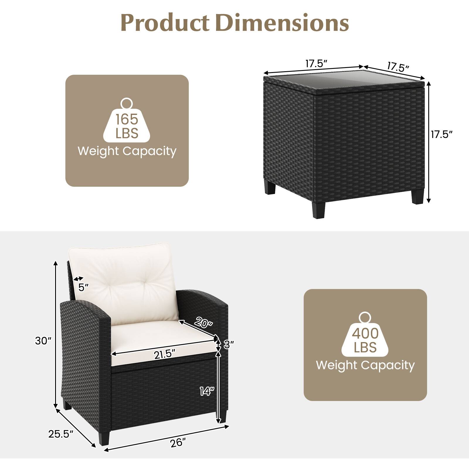 Product Dimensions: 17.5" x 17.5" x 17.5"  
Weight Capacity: 165 LBS  

Product Dimensions: 14" x 25.5" x 26"  
Weight Capacity: 400 LBS
