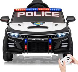 Acekool - 12V Kids Ride On Police Car with Remote, LED Flashing Lights, Siren, Megaphone, Music, Safety Belt - White