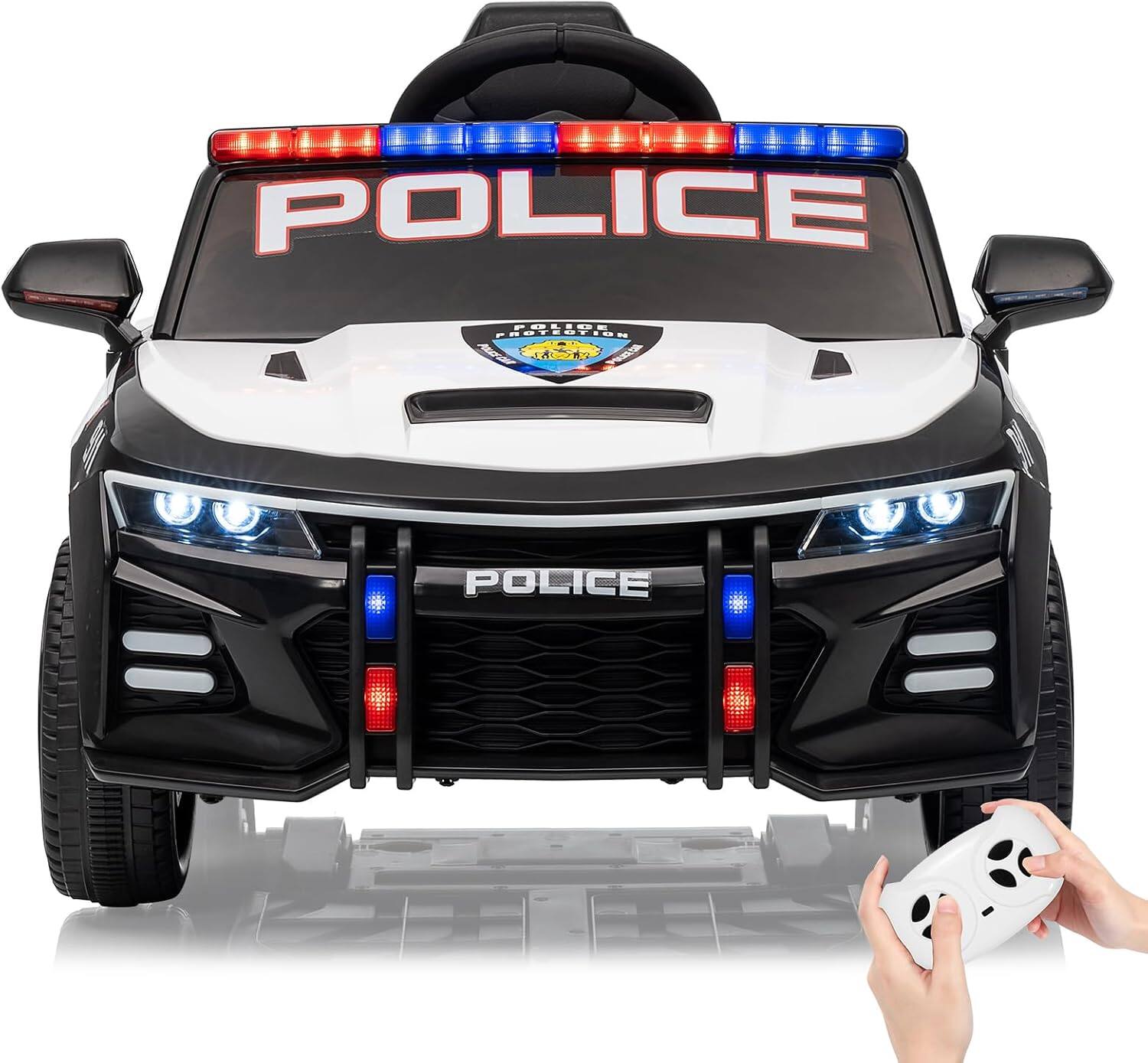 Acekool - 12V Kids Ride On Police Car with Remote, LED Flashing Lights, Siren, Megaphone, Music, Safety Belt - White