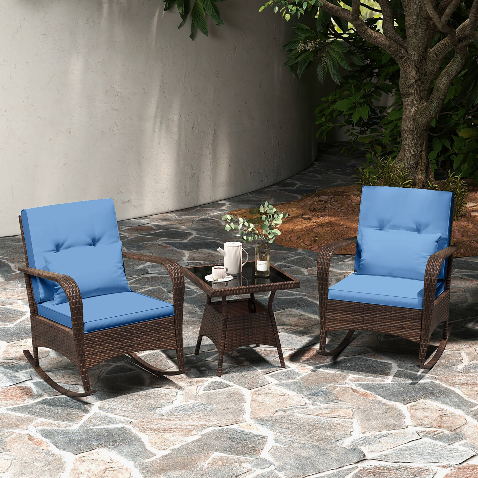 Alt View 8. Gymax - Gymax 3 Piece Outdoor Rocking Set Rattan Rocker Chairs w/ Tempered Glass Coffee Table - Blue, Mix Brown.