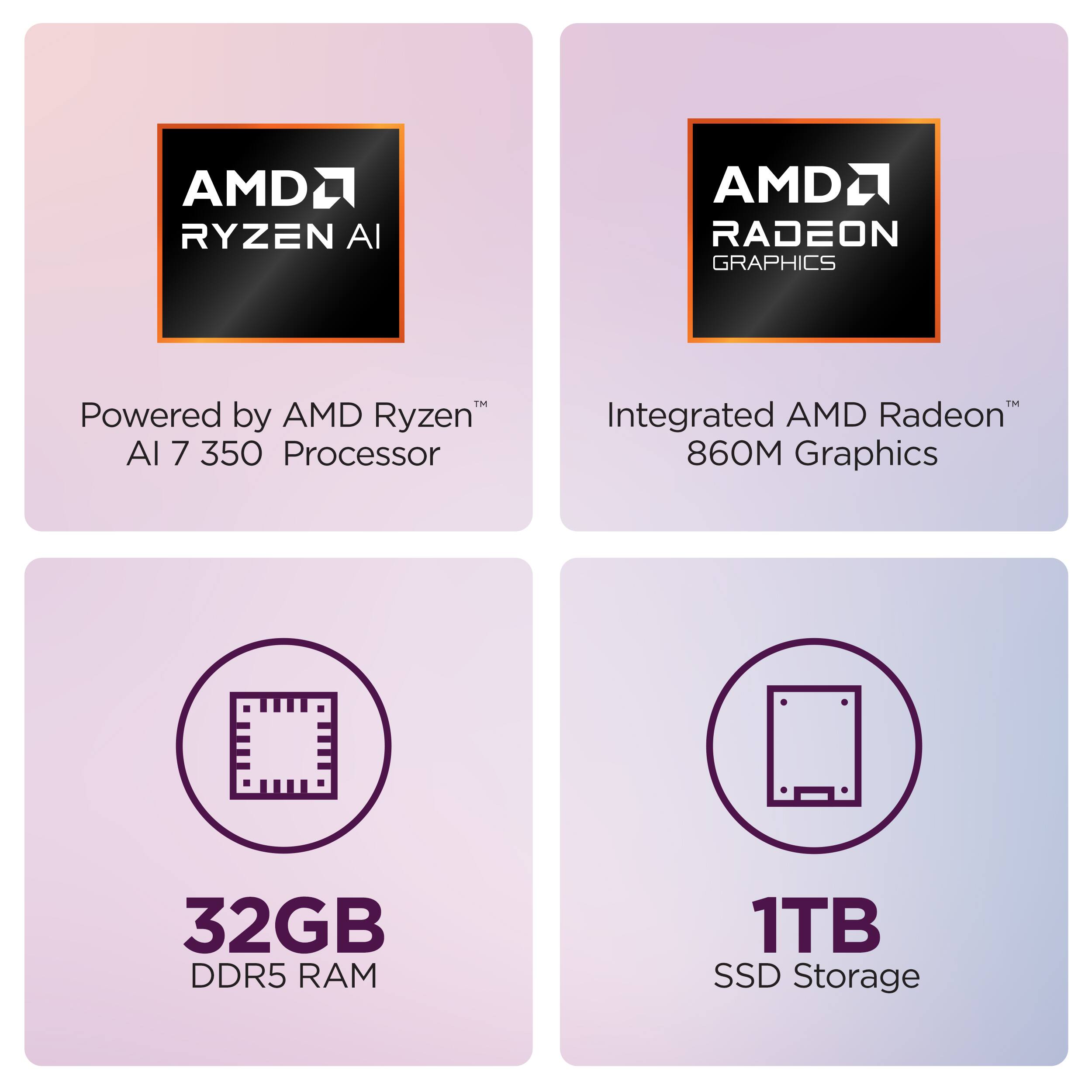 - Powered by AMD Ryzen™ AI 7 350 Processor
- Integrated AMD Radeon™ 860M Graphics
- 32GB DDR5 RAM
- 1TB SSD Storage