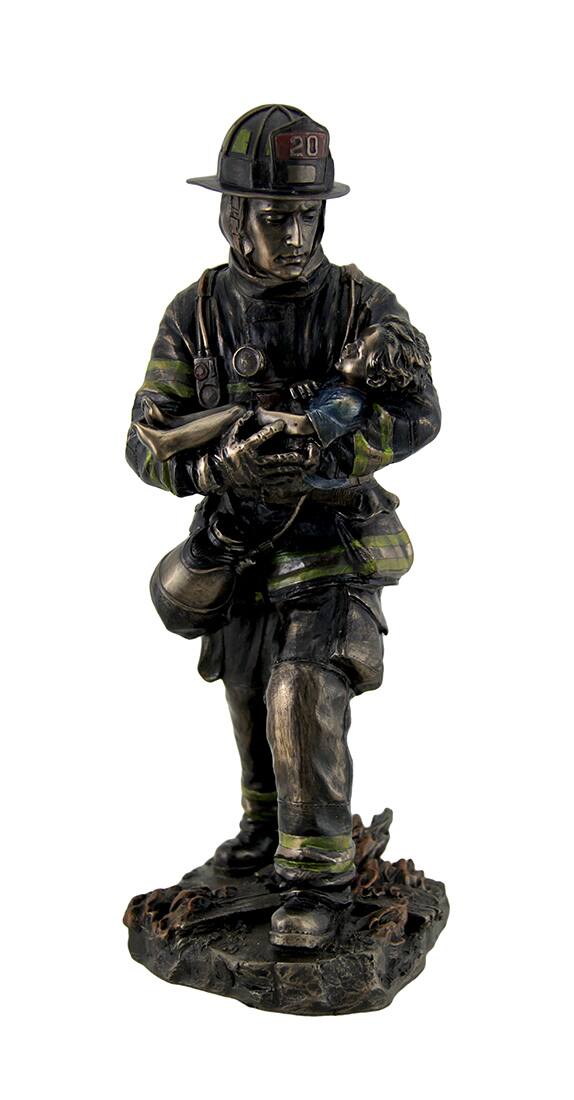 Alt View 1. Veronese Design - Firefighter Carrying Child Metallic Bronze Statue 11 Inches Tall - Bronze.